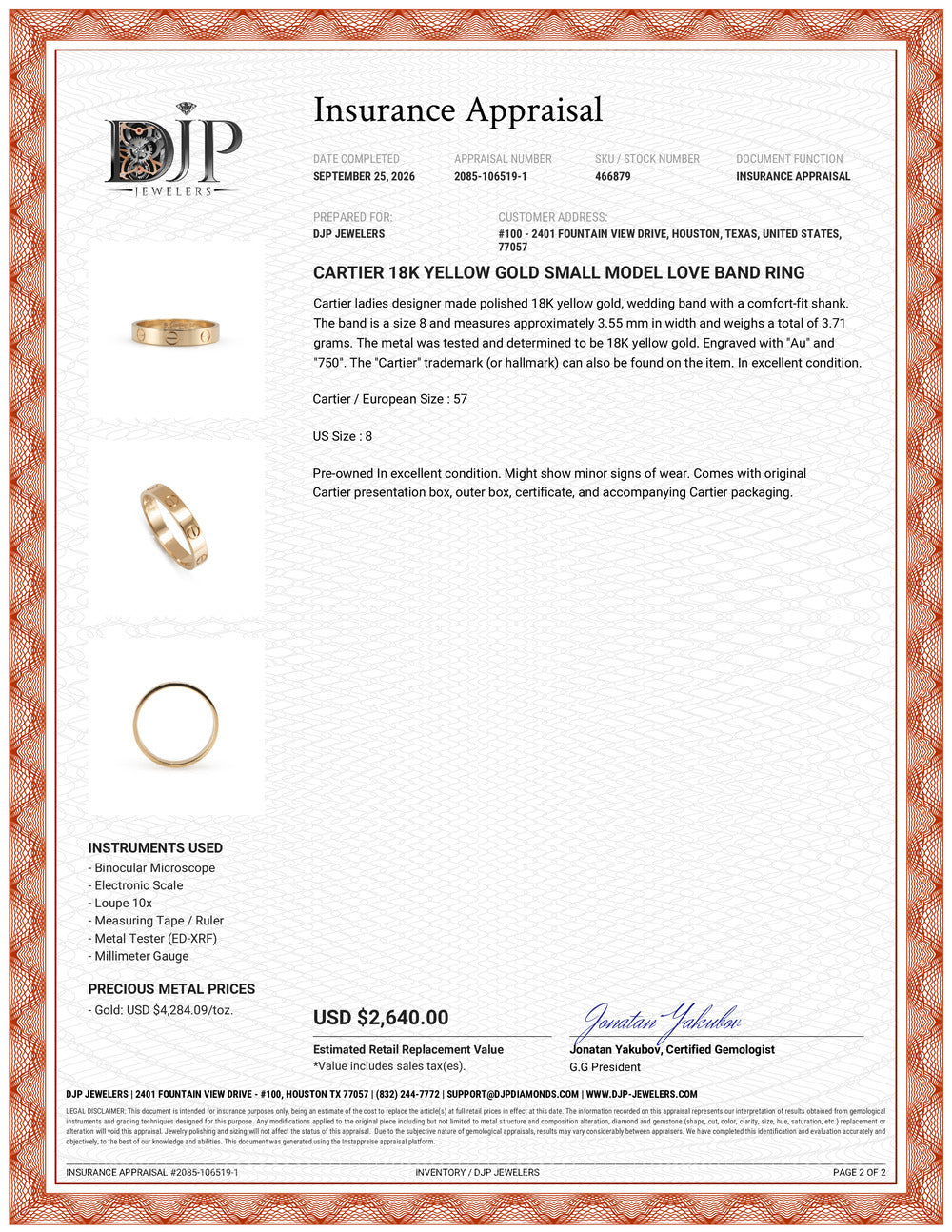 Cartier 18K Yellow Gold Small Model Love Band Ring
