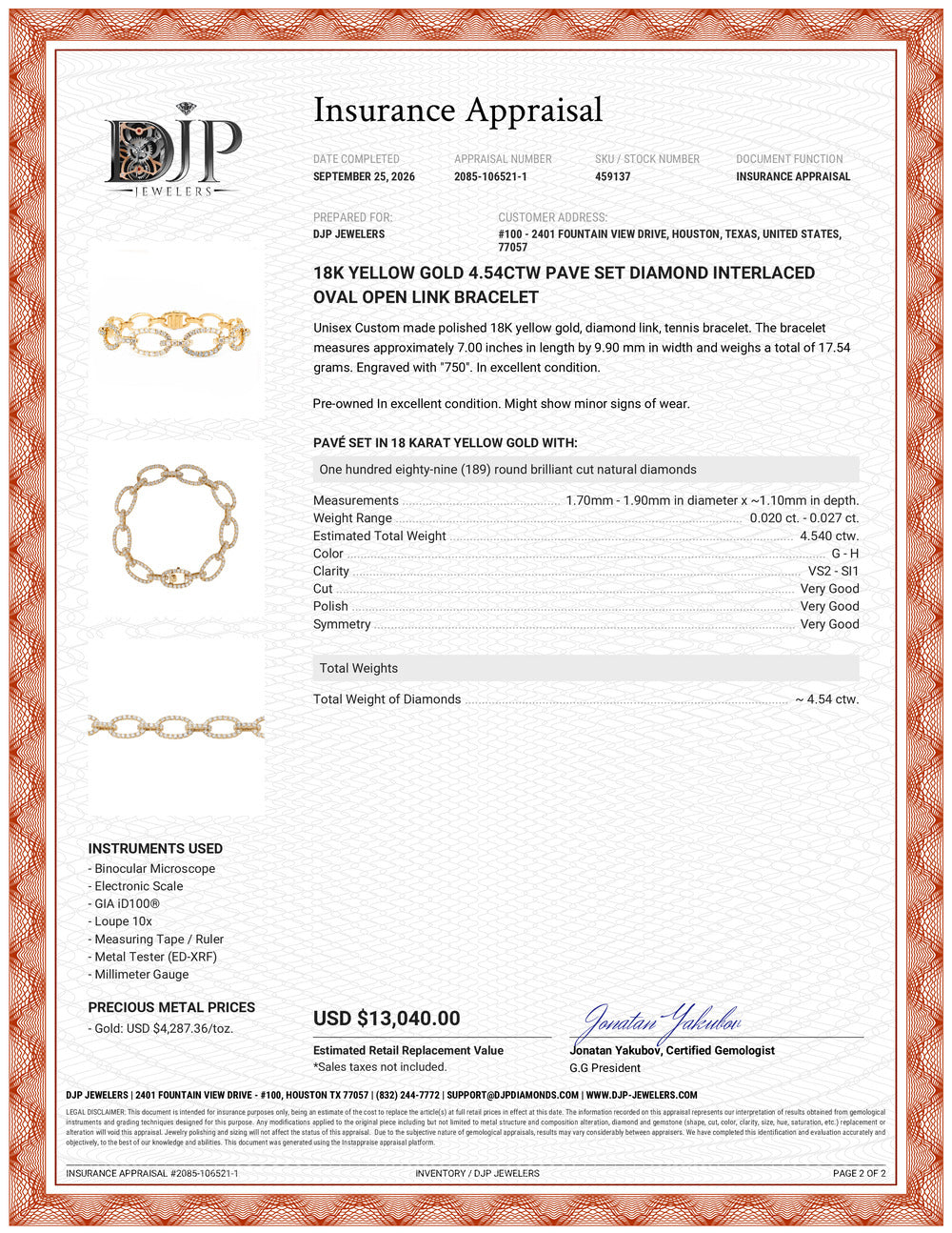 18K Yellow Gold 4.54ctw Pave Set Diamond Interlaced Oval Open Link Bracelet