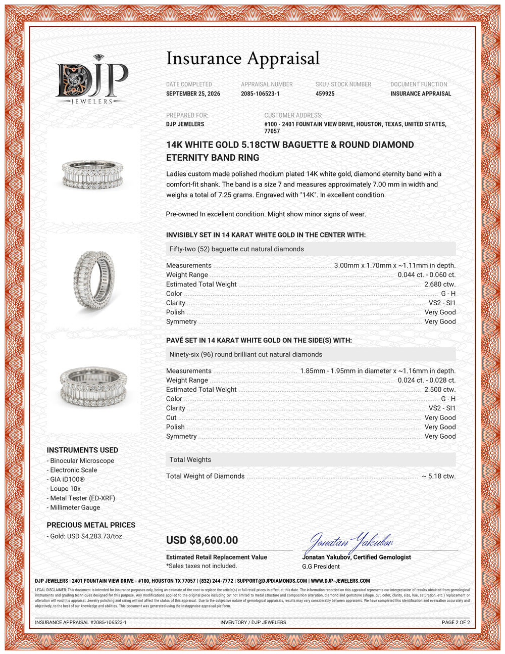 14K White Gold 5.18ctw Baguette & Round Diamond Eternity Band Ring