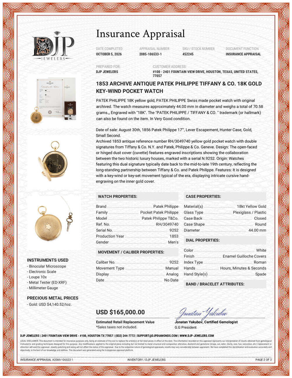 1853 Archive Antique Patek Philippe Tiffany & Co. 18K Gold Key-Wind Pocket Watch