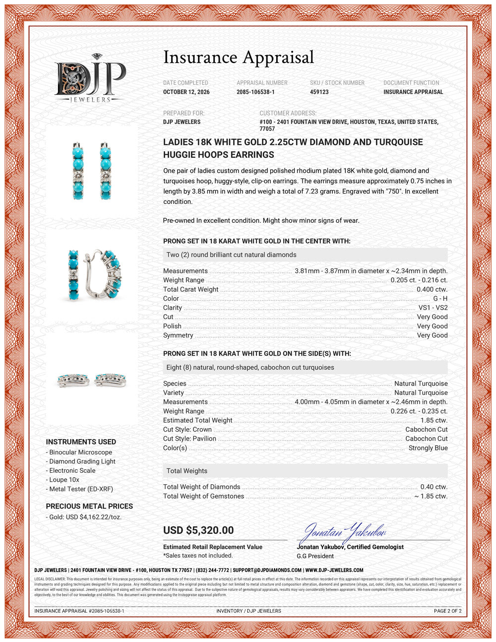 Ladies 18K White Gold 2.25ctw Diamond and Turqouise Huggie Hoops Earrings