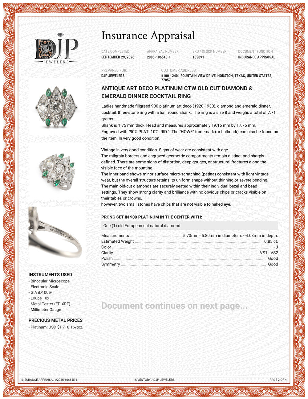 Antique Art Deco Platinum Ctw Old Cut Diamond & Emerald Dinner Cocktail Ring