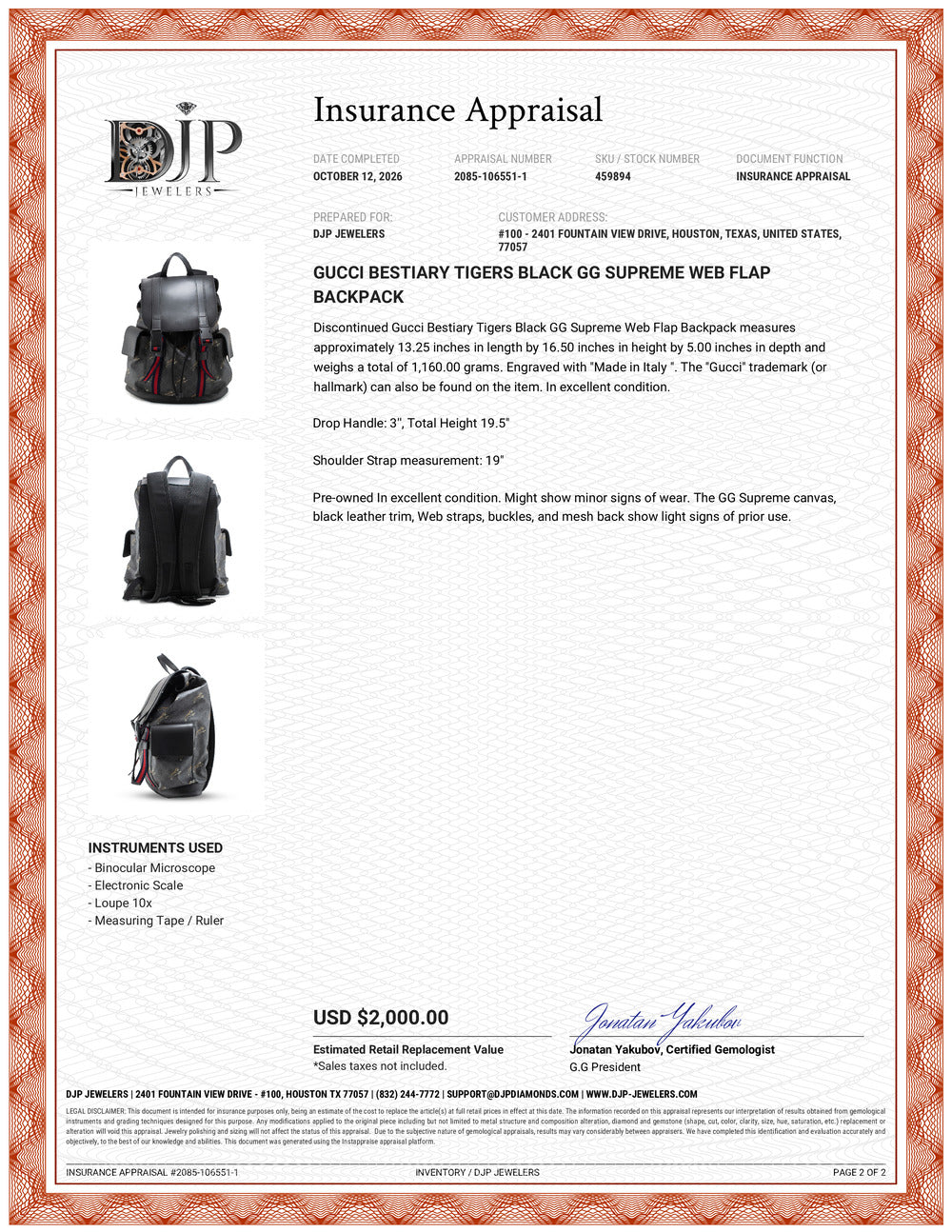 Gucci Bestiary Tigers Black Gg Supreme Web Flap Backpack