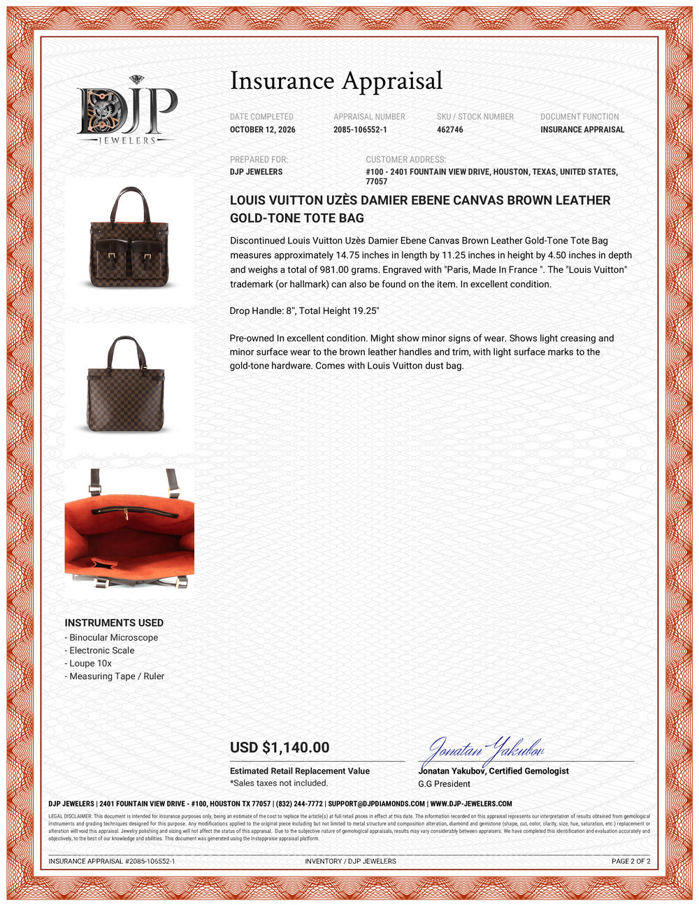 Louis Vuitton Uzès Damier Ebene Canvas Brown Leather Gold-Tone Tote Bag