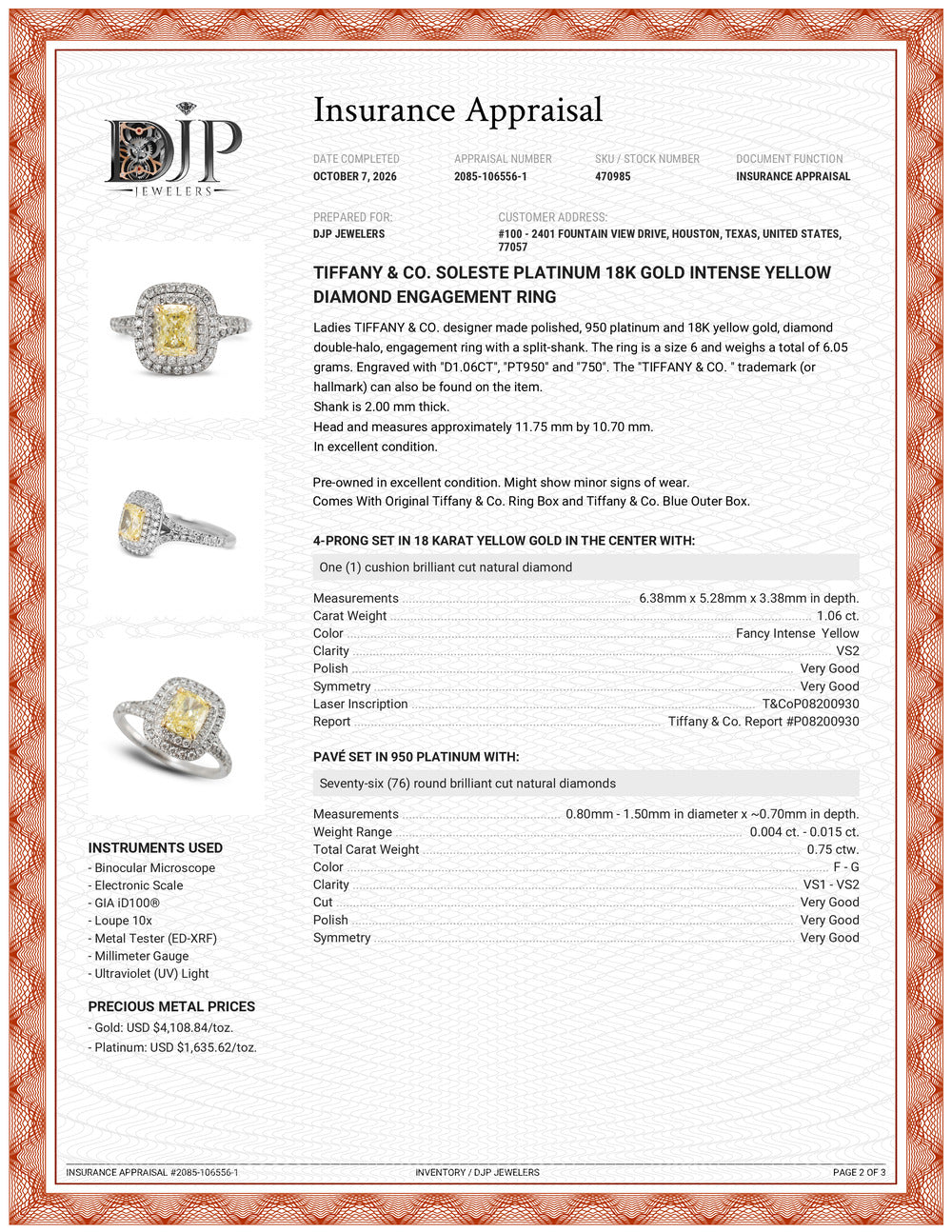 Tiffany & Co. Soleste Platinum 18K Gold Intense Yellow Diamond Engagement Ring