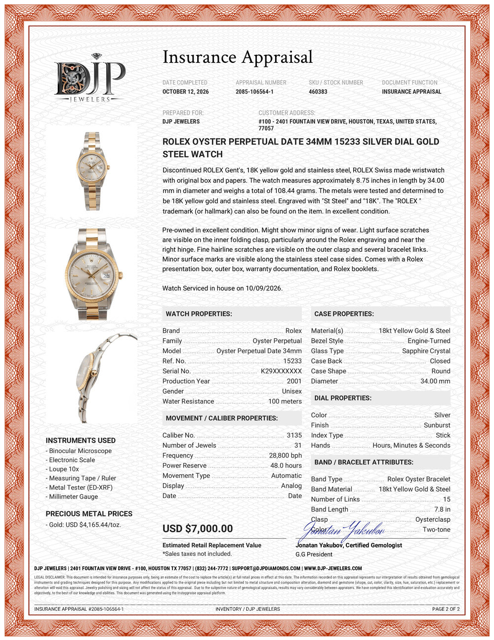 Rolex Oyster Perpetual Date 34MM 15233 Silver Dial Gold Steel Watch