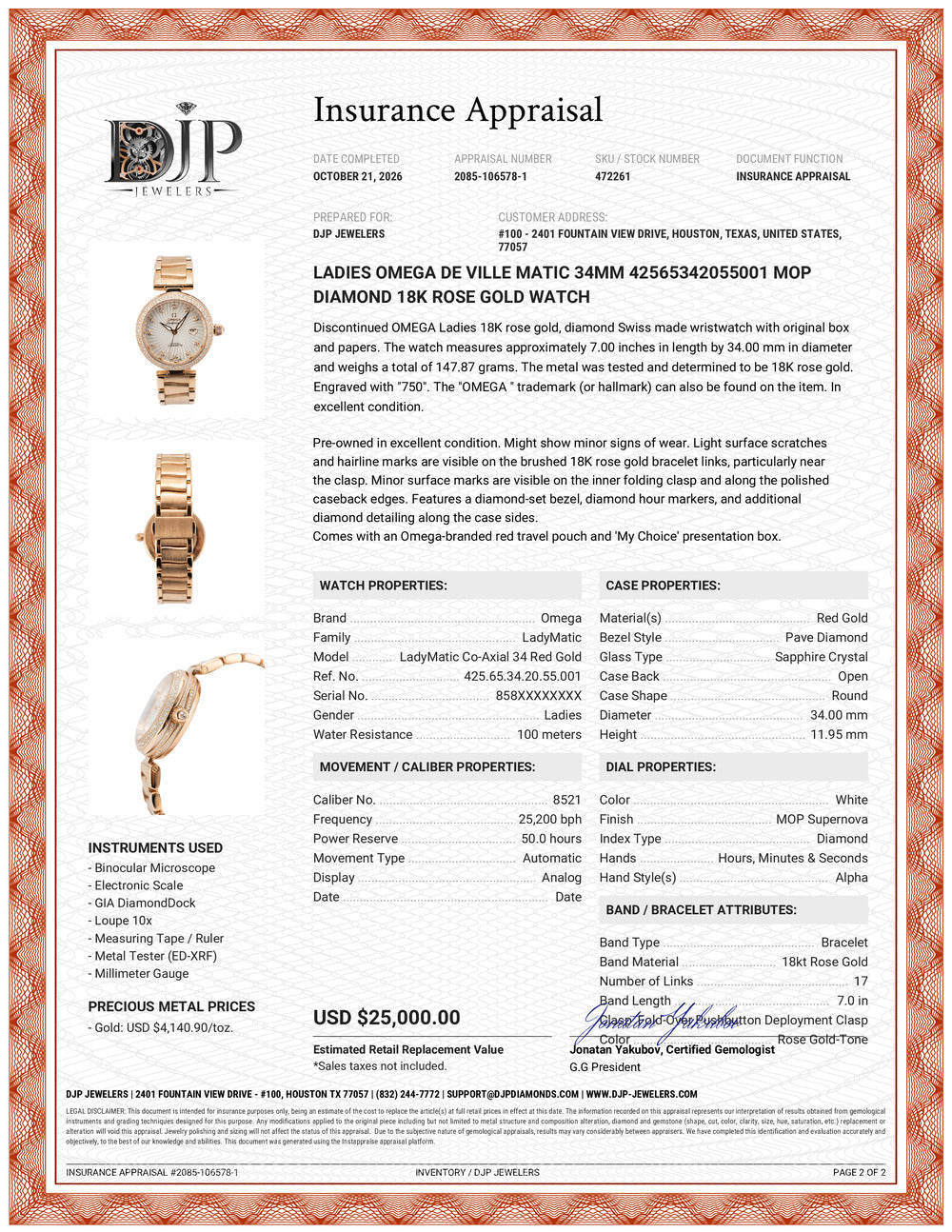 Ladies Omega de Ville Matic 34MM 42565342055001 Mop Diamond 18K Rose Gold Watch