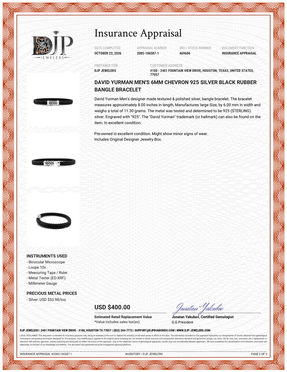David Yurman Men’s 6MM Chevron 925 Silver Black Rubber Bangle Bracelet