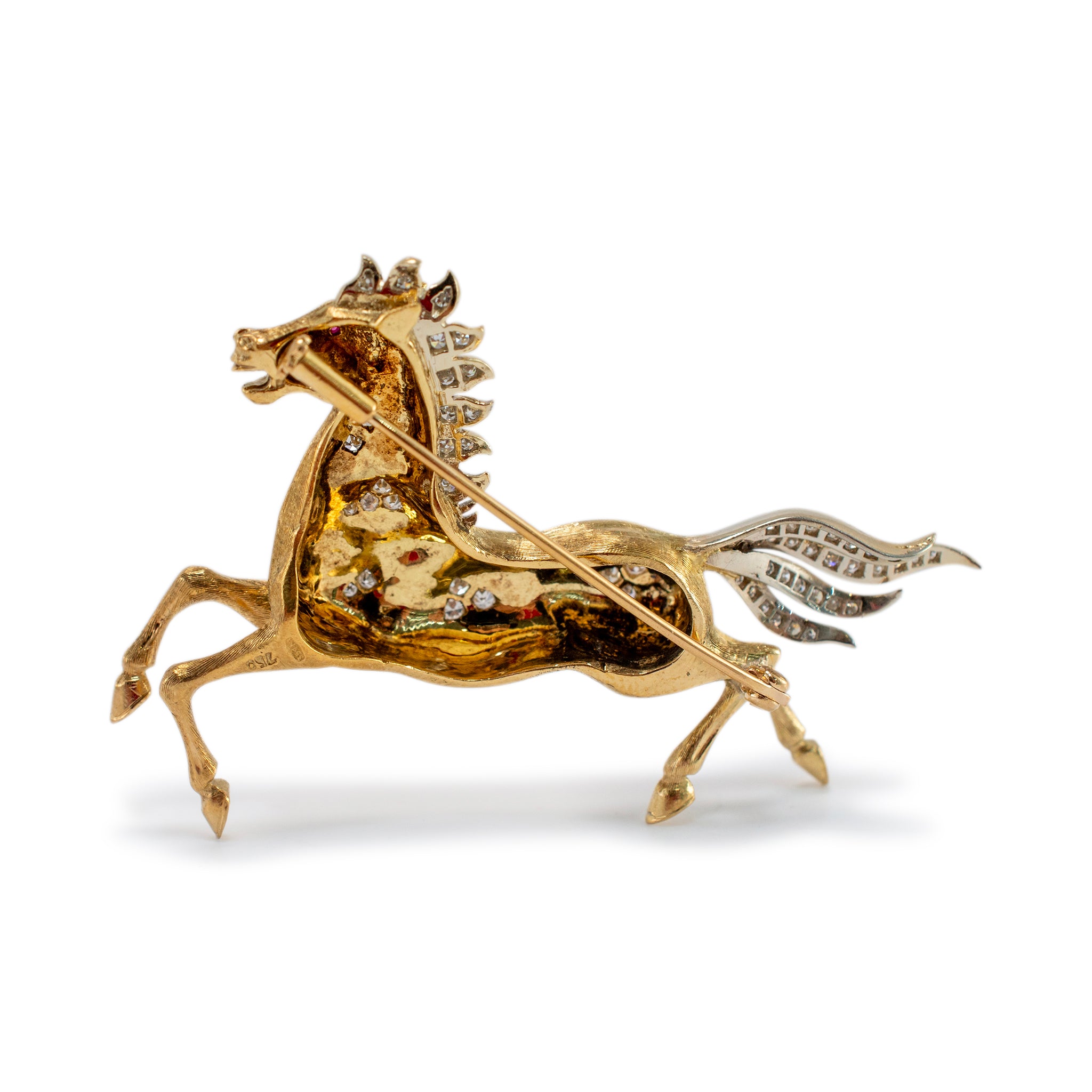 Vintage 18K Yellow and White Gold Ruby Eye Diamond Horse PIN