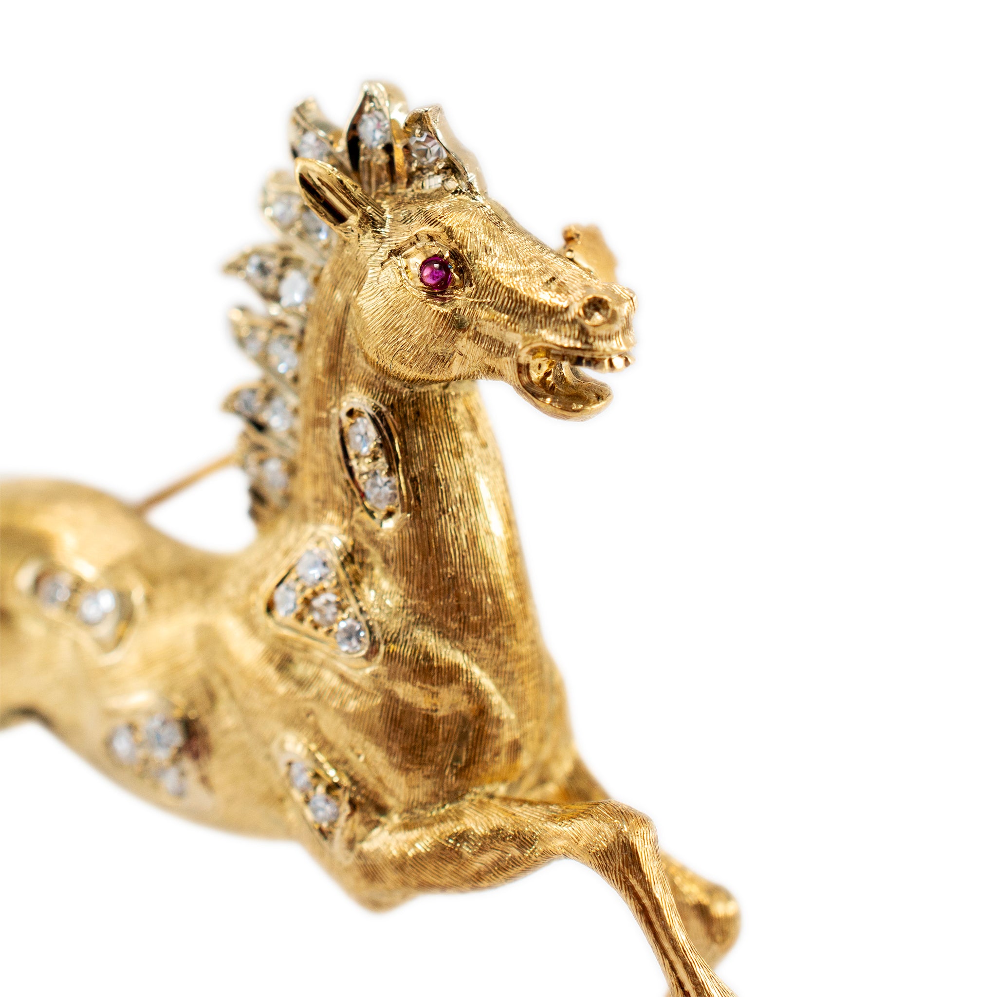 Vintage 18K Yellow and White Gold Ruby Eye Diamond Horse PIN