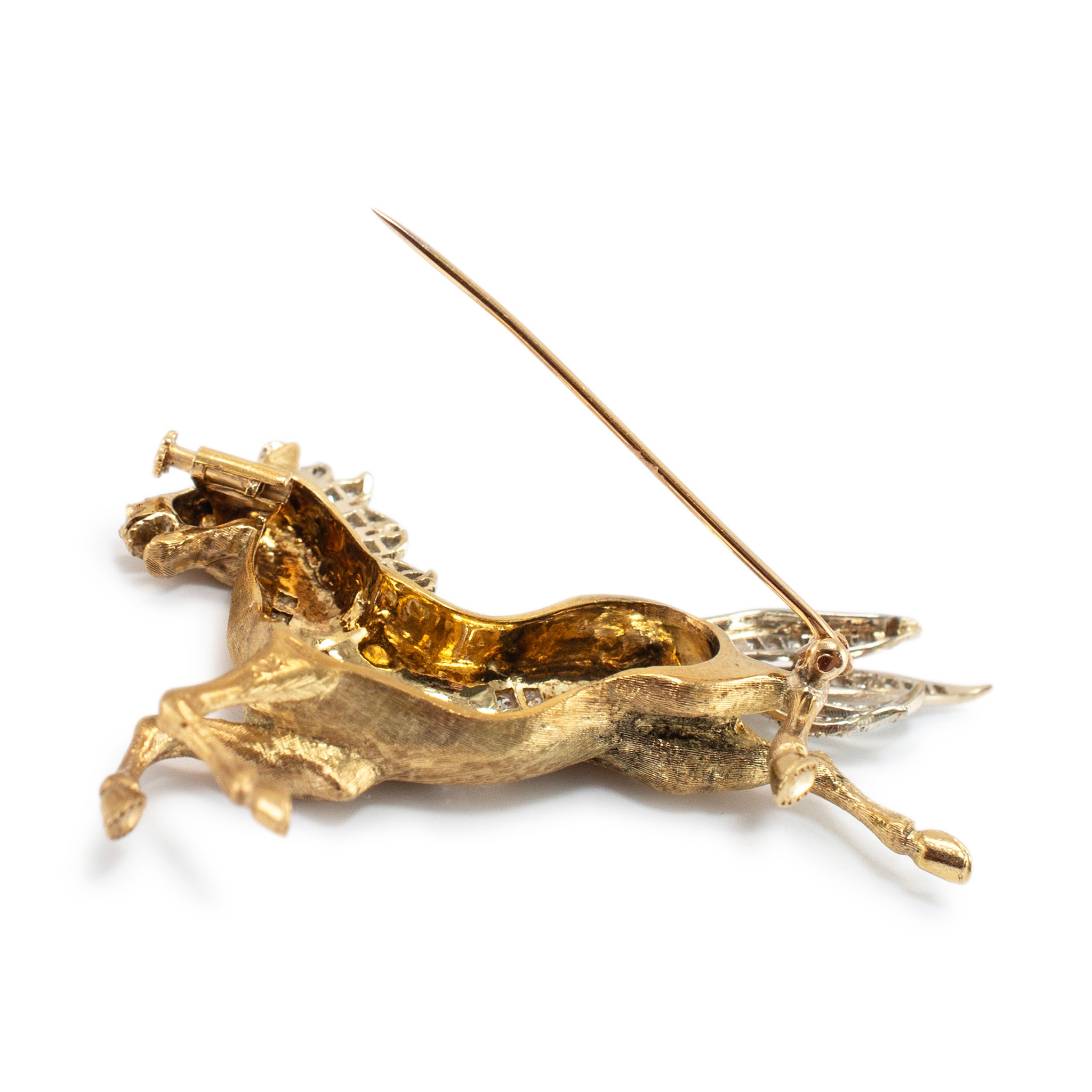 Vintage 18K Yellow and White Gold Ruby Eye Diamond Horse PIN