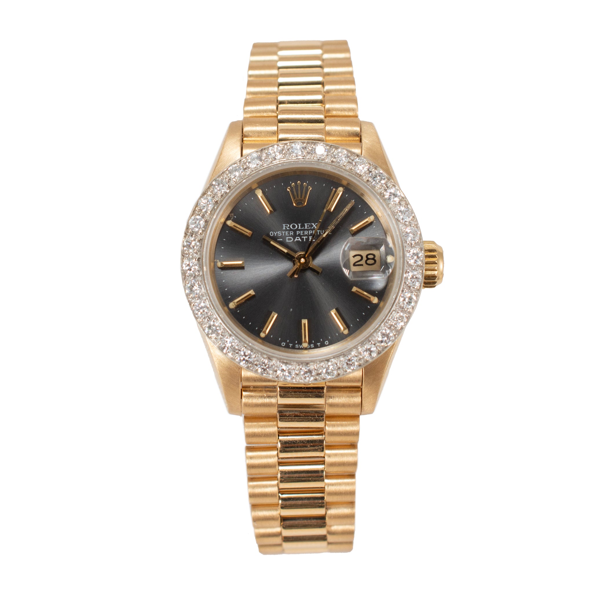 Rolex Datejust 26MM 69178 President Rhodium Diamond Bezel 18K Yellow Gold Watch