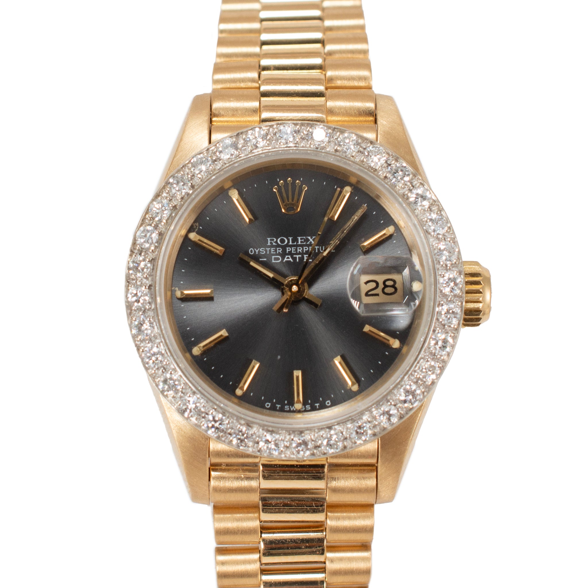 Rolex Datejust 26MM 69178 President Rhodium Diamond Bezel 18K Yellow Gold Watch