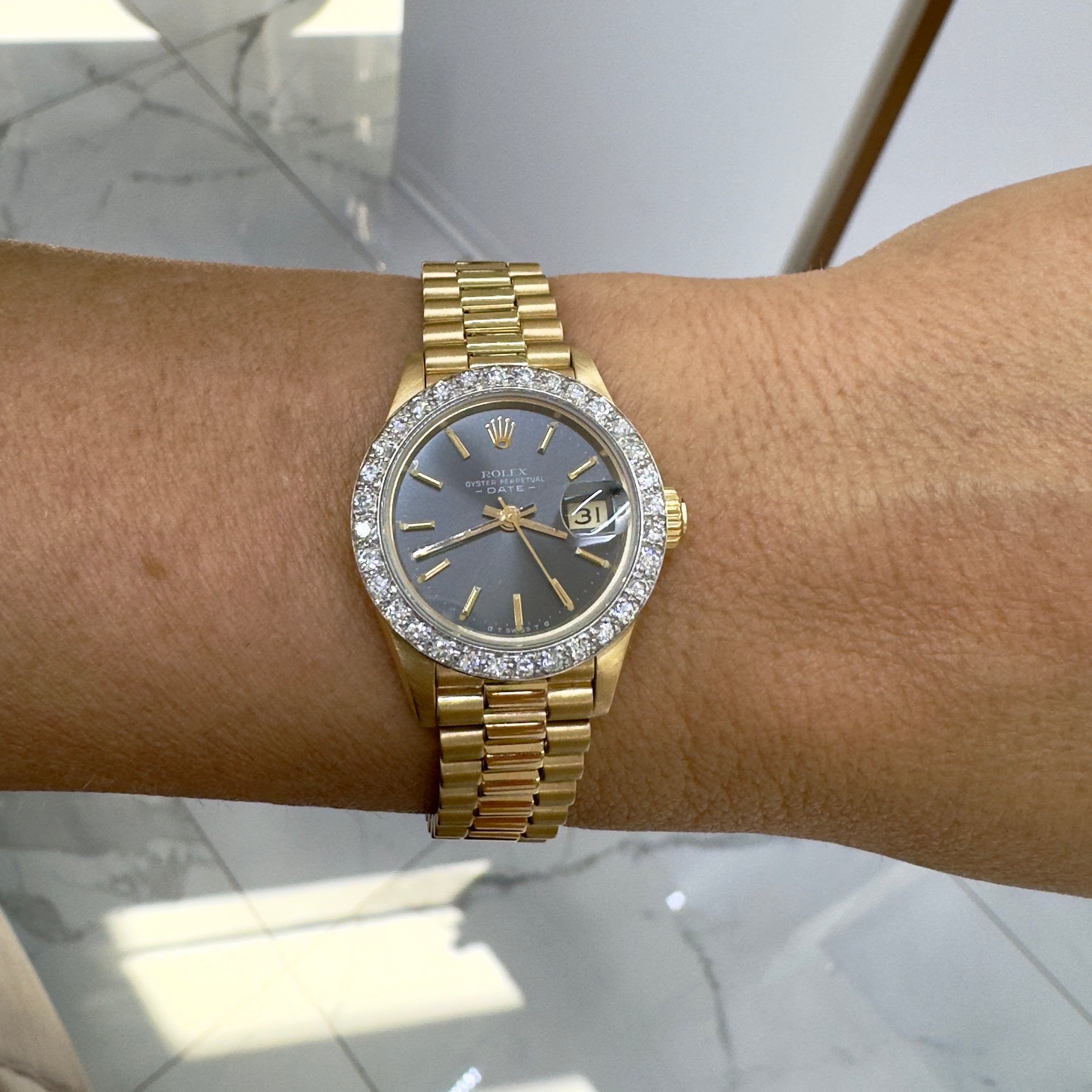 Rolex Datejust 26MM 69178 President Rhodium Diamond Bezel 18K Yellow Gold Watch