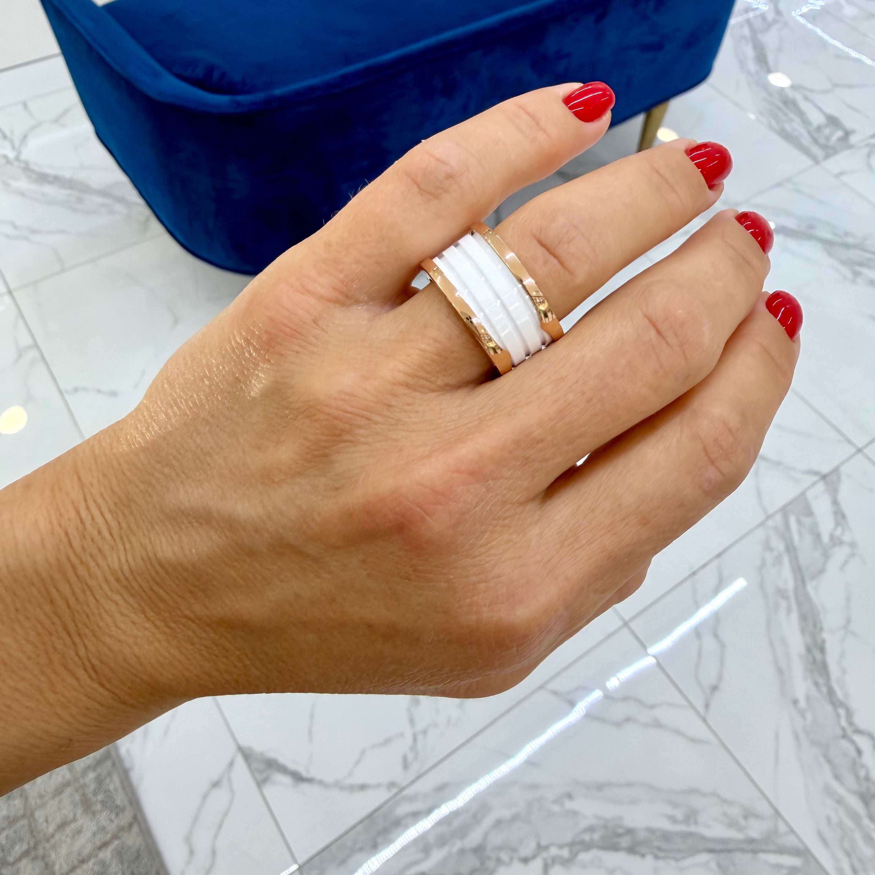 Bvlgari b.zero1 Collection 18K Rose Gold White Ceramic Two Tone 4 Band Ring