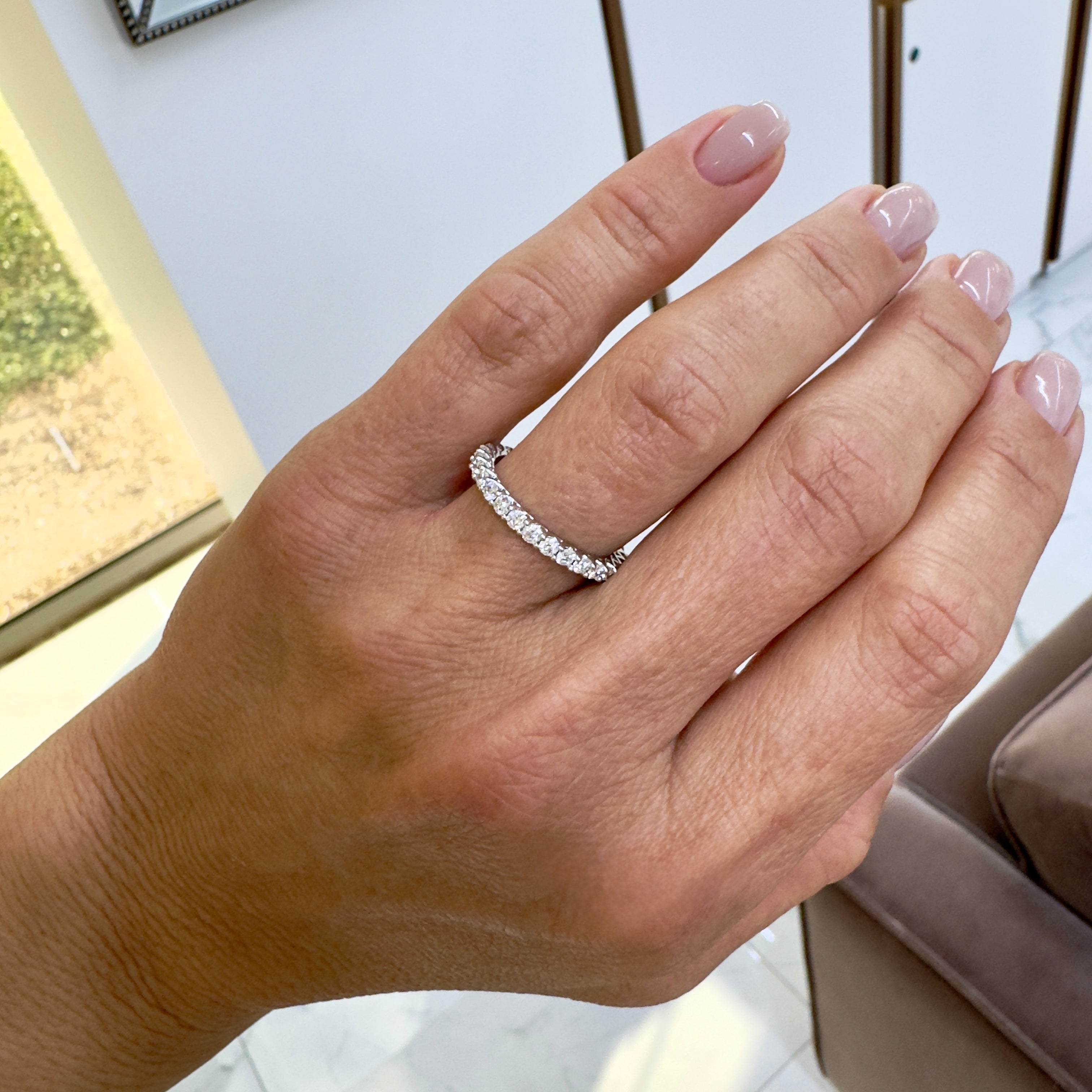 Ladies 18K White Gold U Prong Set 0.90ct Diamond Full Eternity Wedding Band Ring