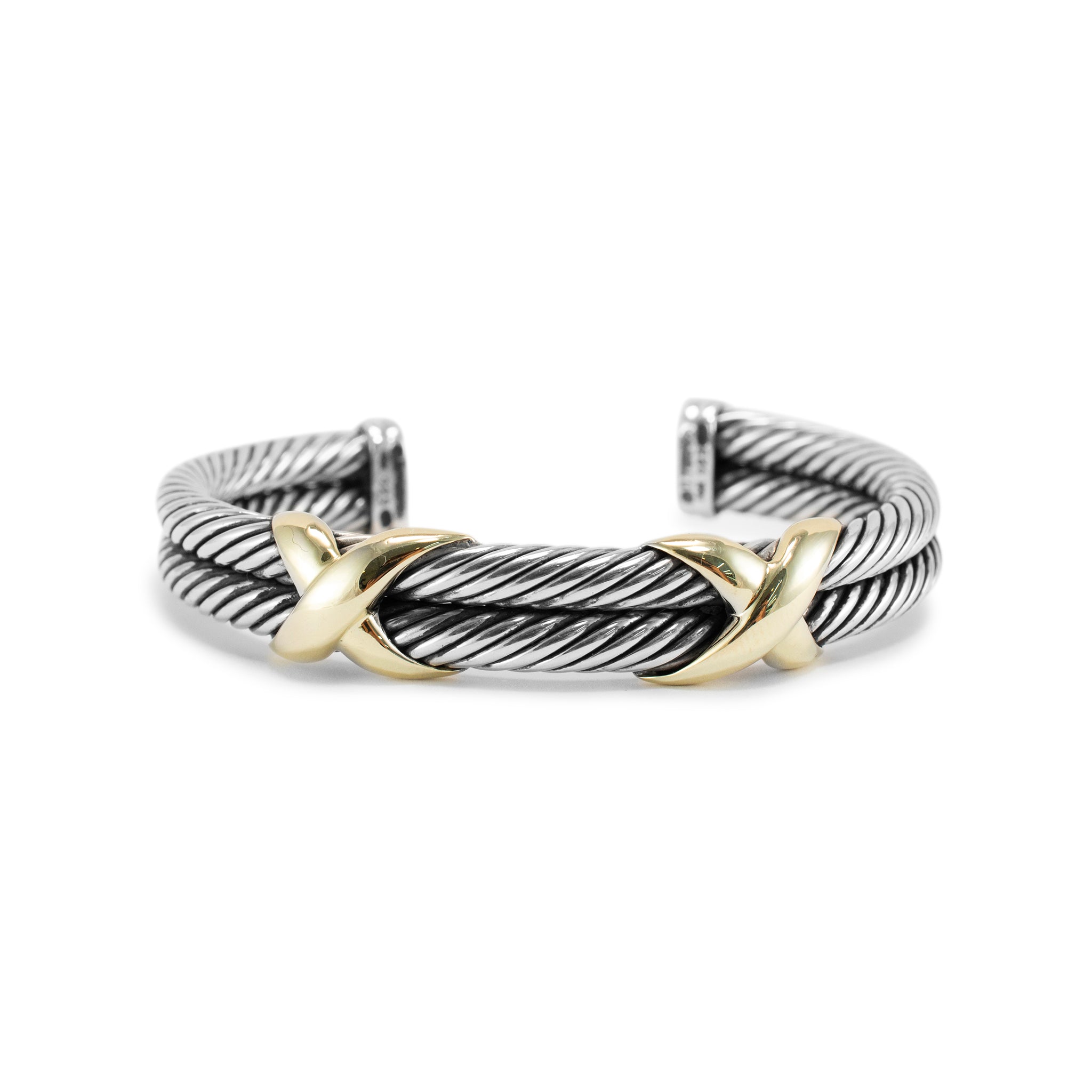 David Yurman Sterling Silver & 14K Gold Double Cable X Cuff Bangle Bracelet