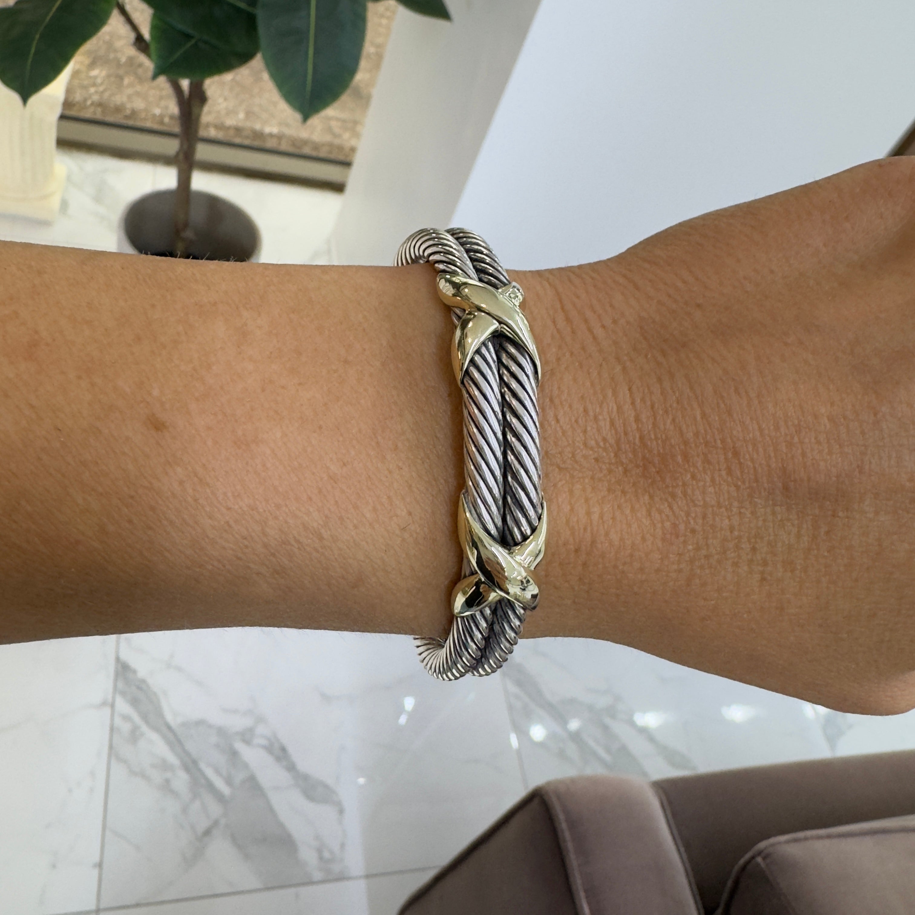 David Yurman Sterling Silver & 14K Gold Double Cable X Cuff Bangle Bracelet