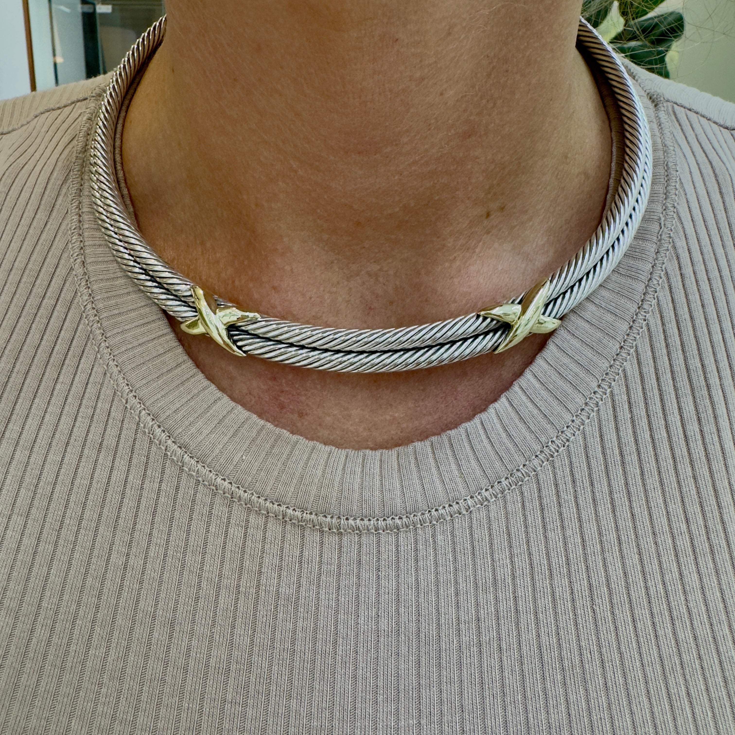 David Yurman 925 Silver 14K Gold Double X Cable Classic Choker Collar Necklace