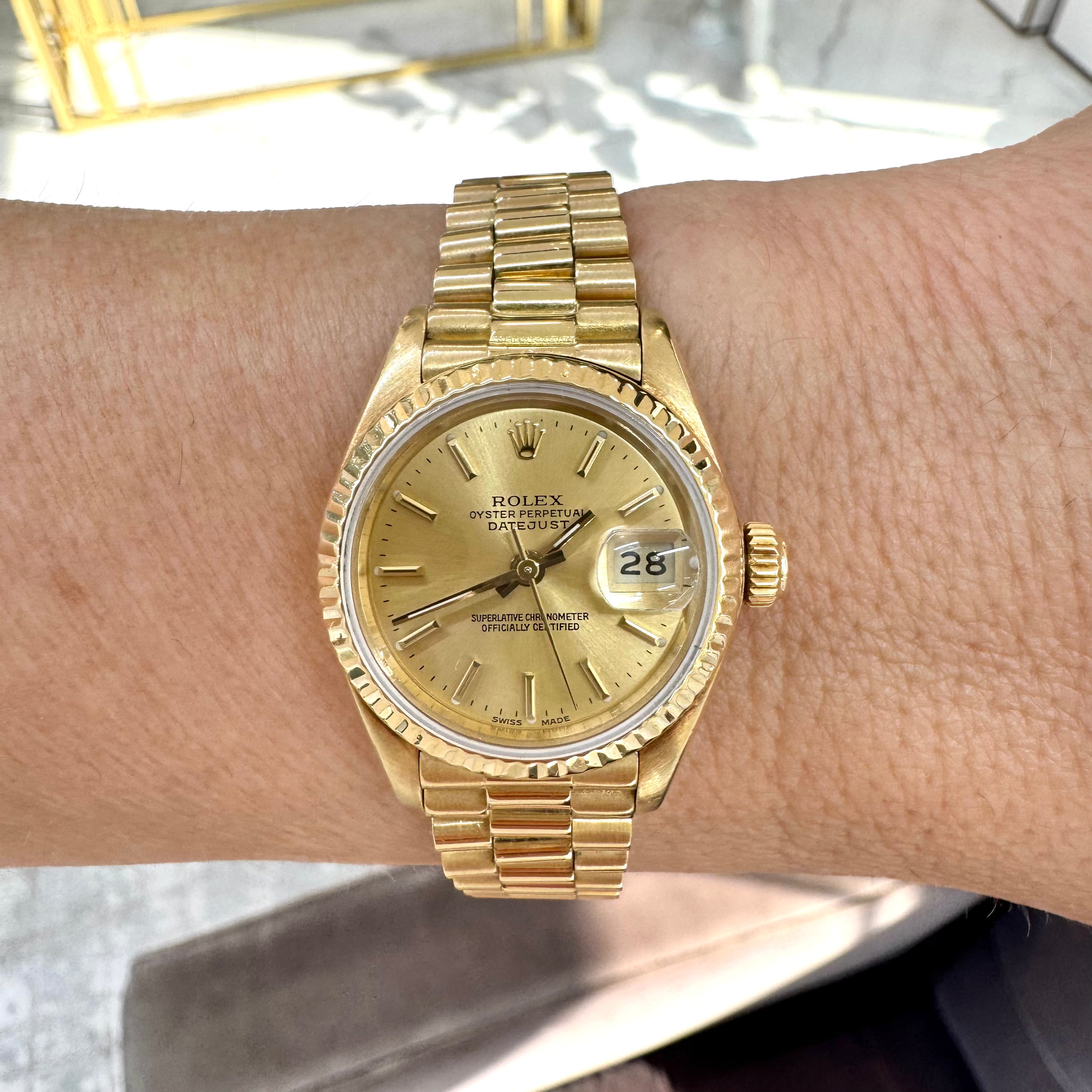 1983 Rolex Ladies Datejust 26MM 69178 Champagne President 18K Yellow Gold Watch
