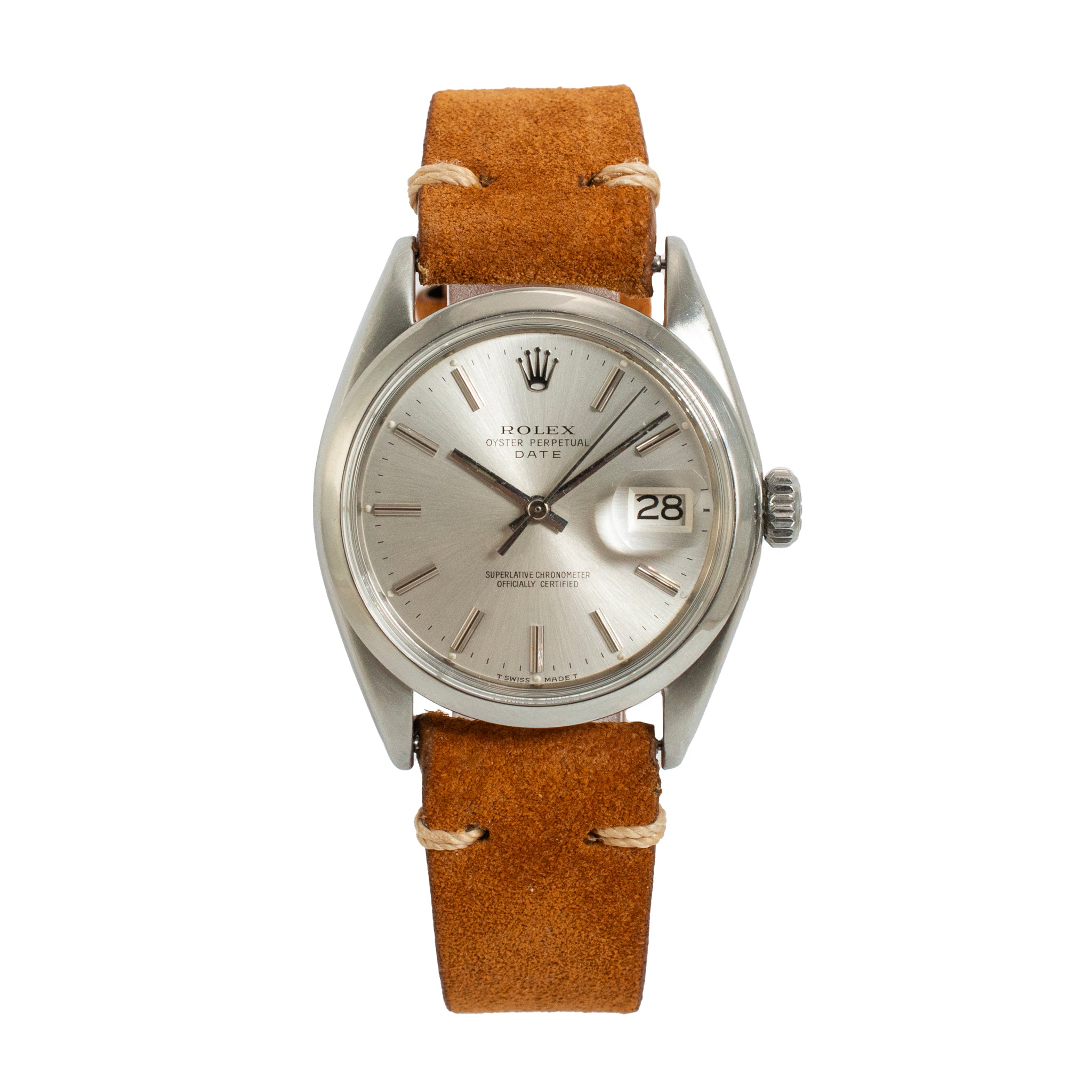 Vintage 1969 Rolex Oyster Perpetual Date 34MM 1500 Brown Leather Steel Watch