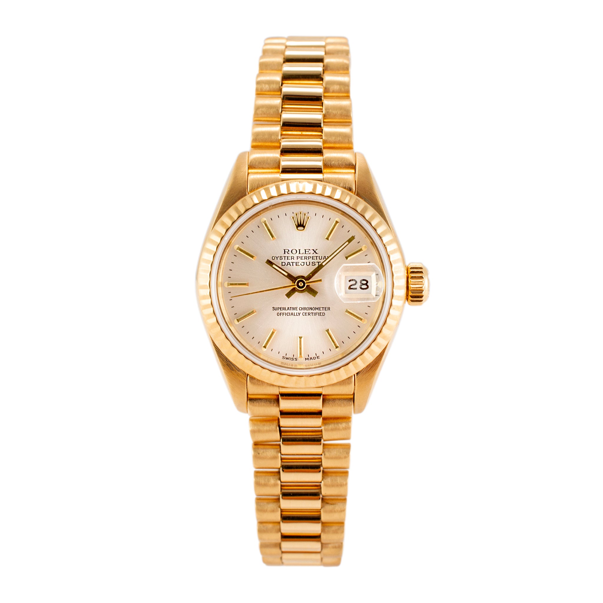 1988 Rolex Datejust 26MM 69178 Silver Dial President 18K Yellow Gold Watch