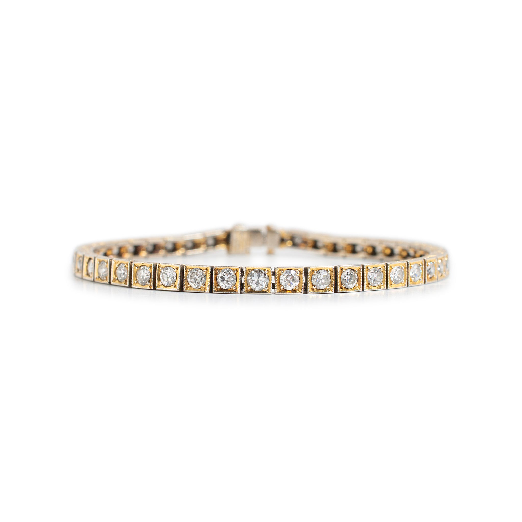 Antique 14K Yellow Gold Diamond Filigreed Square Link Tennis Bracelet
