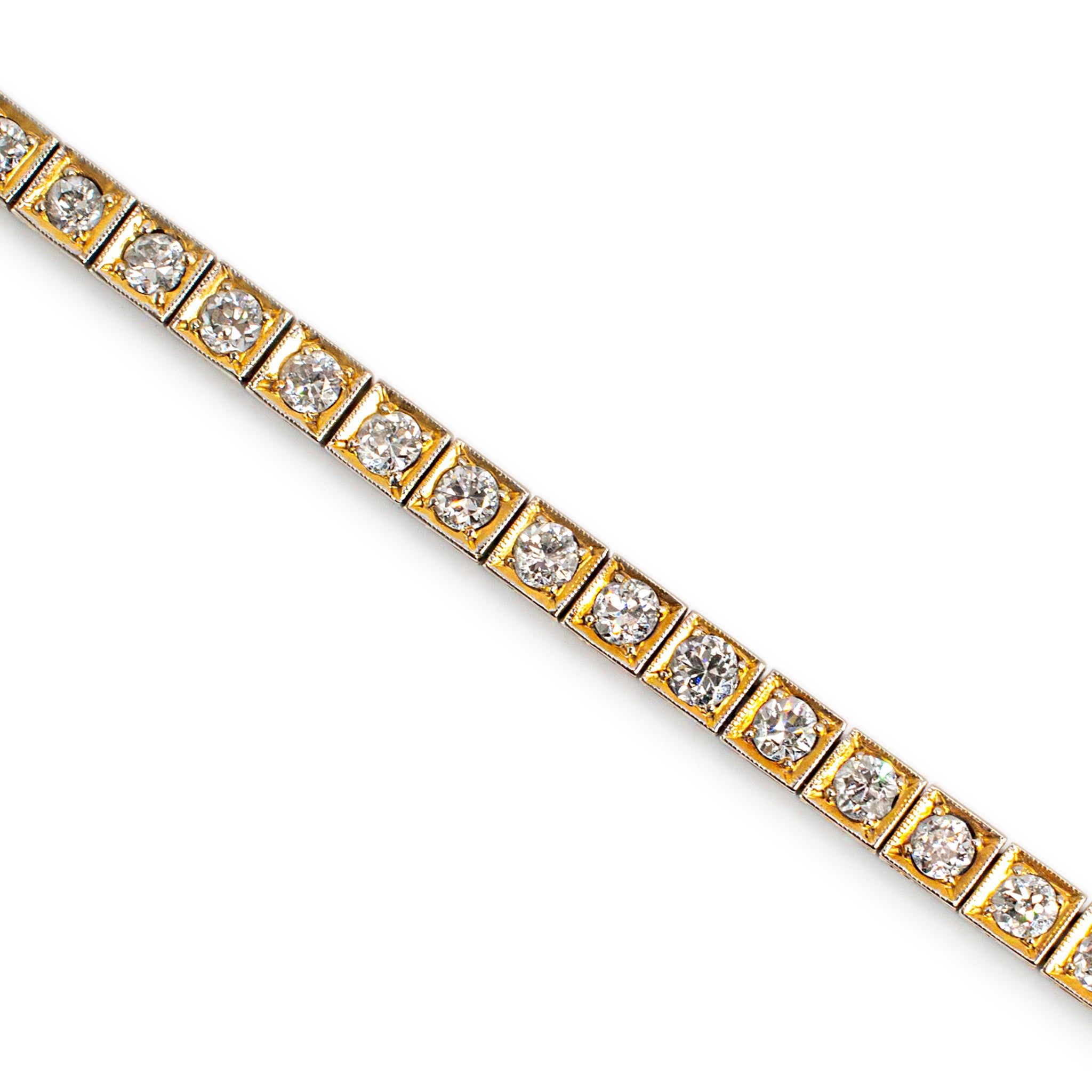 Antique 14K Yellow Gold Diamond Filigreed Square Link Tennis Bracelet