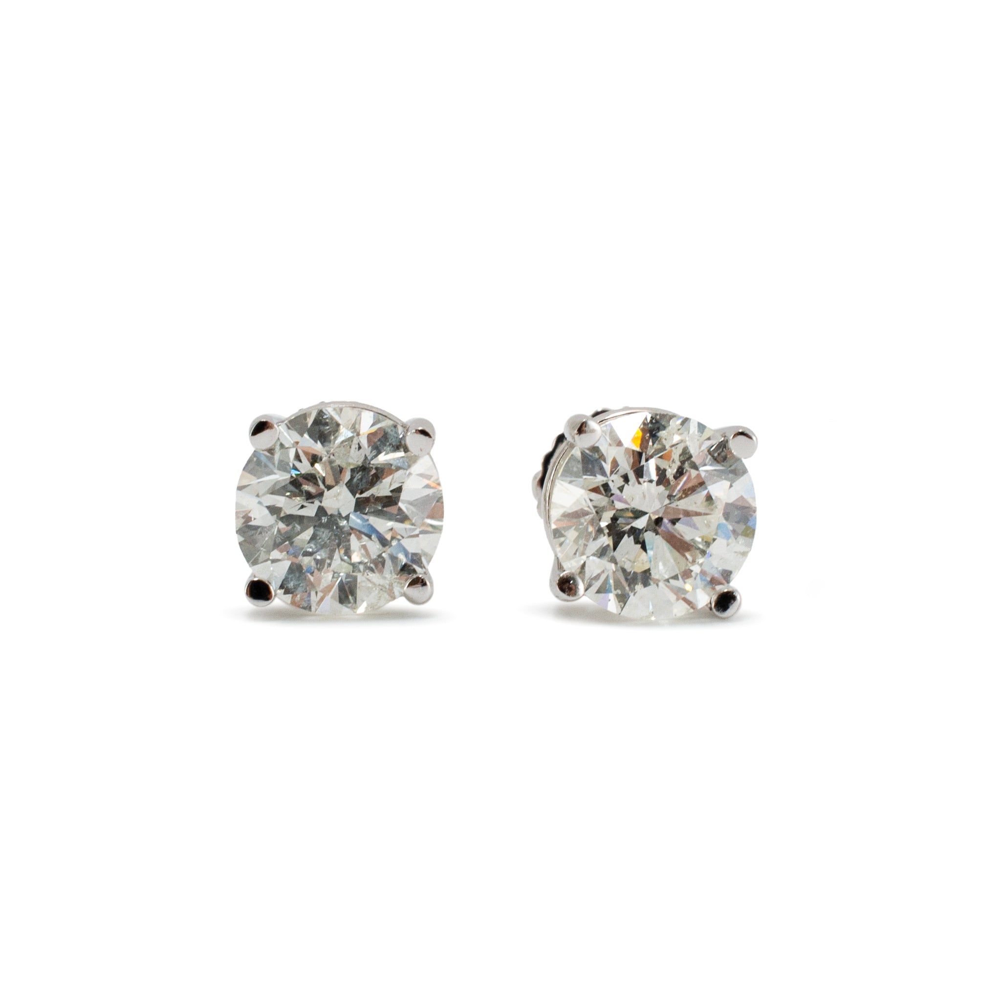 14K White Gold 4 Prong Screw Back 2.00 CT Round Diamond Stud Earrings