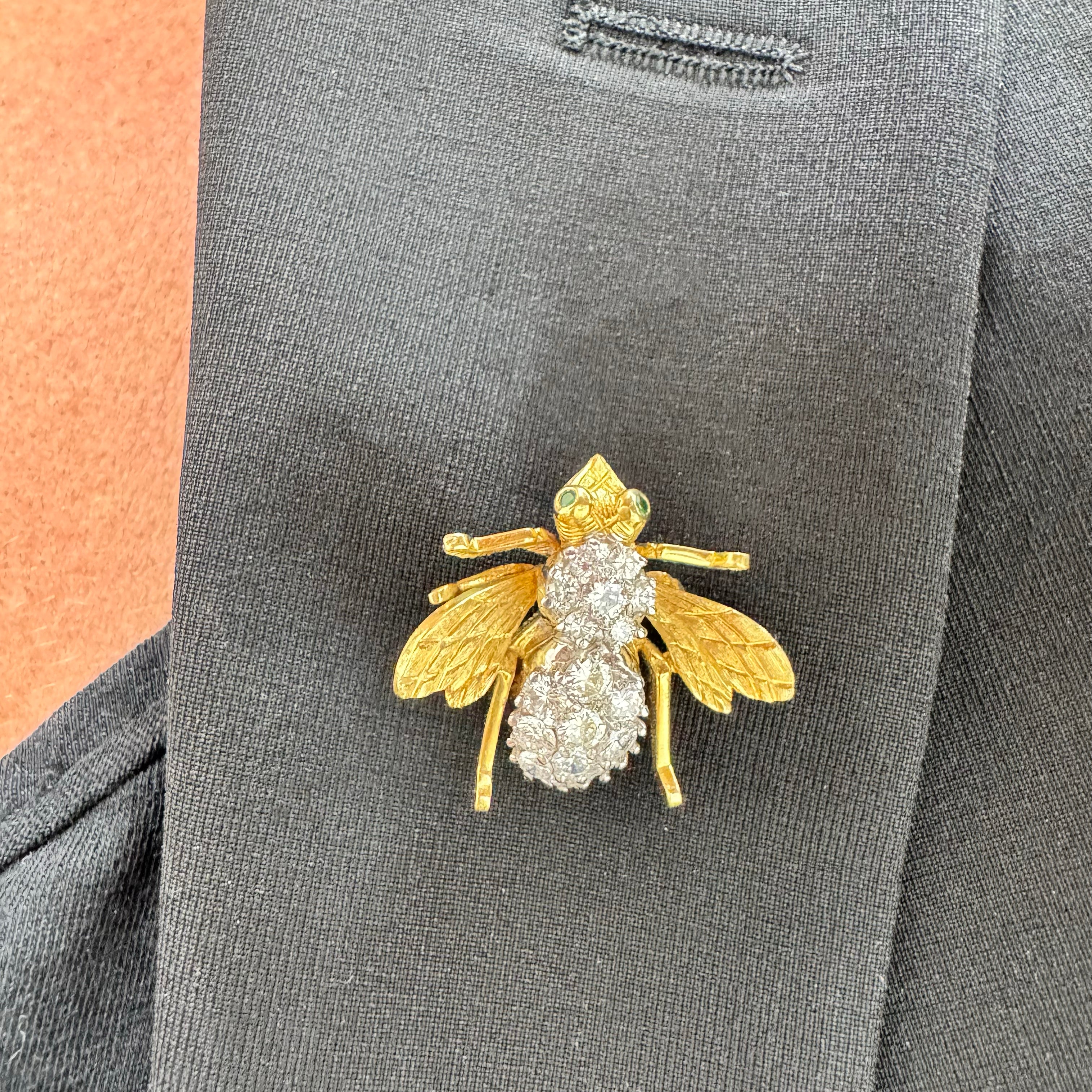Vintage Herbert Rosenthal 18K Gold 2.77ct Diamond Emerald Large Bumble Bee PIN