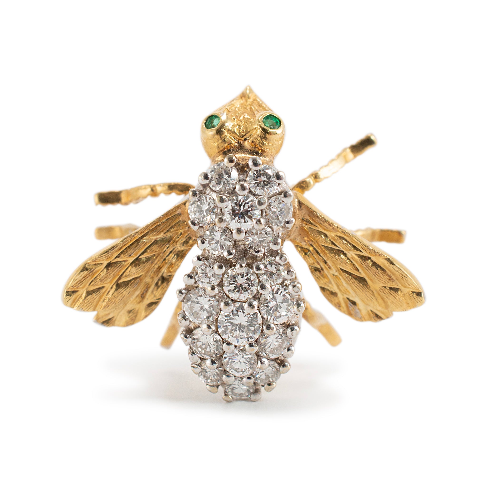 Vintage Herbert Rosenthal 18K Gold Diamond Emerald Eyes Bumble Bee PIN
