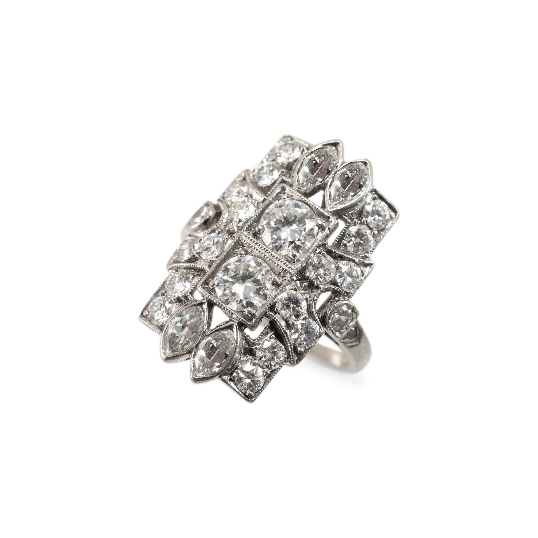 Antique Edwardian Filigreed Platinum Old European Marquee Diamond Cocktail Ring