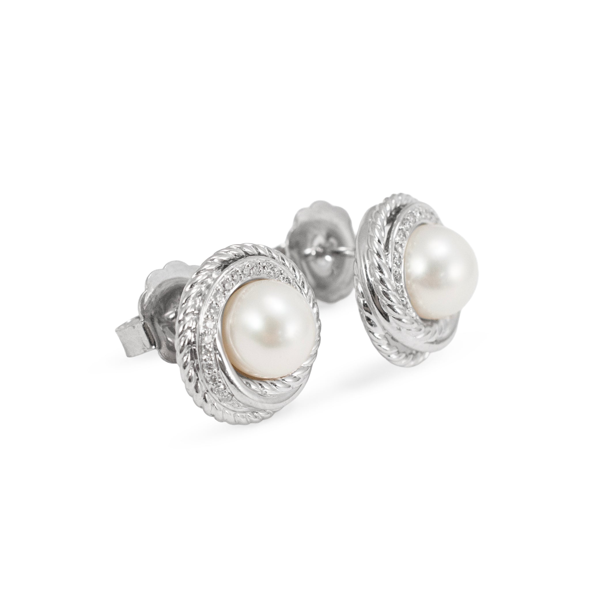 David Yurman 925 Sterling Silver Pearl Crossover Diamonds Stud Earrings