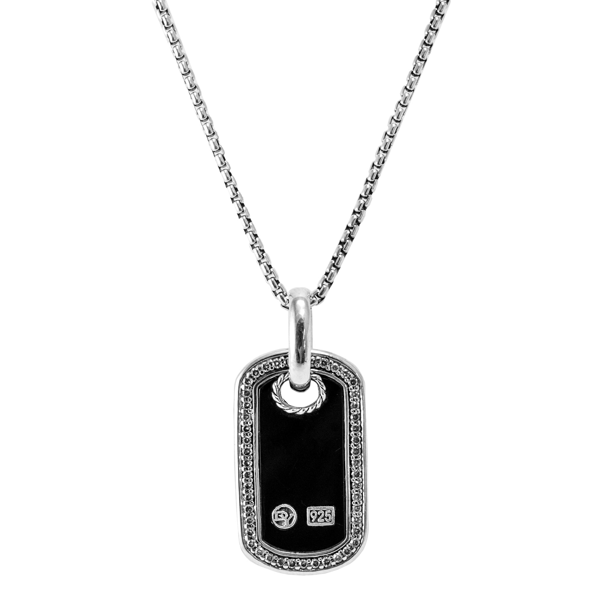 David Yurman 925 Sterling Silver Black Onyx Diamond Dog Tag Pendant Necklace