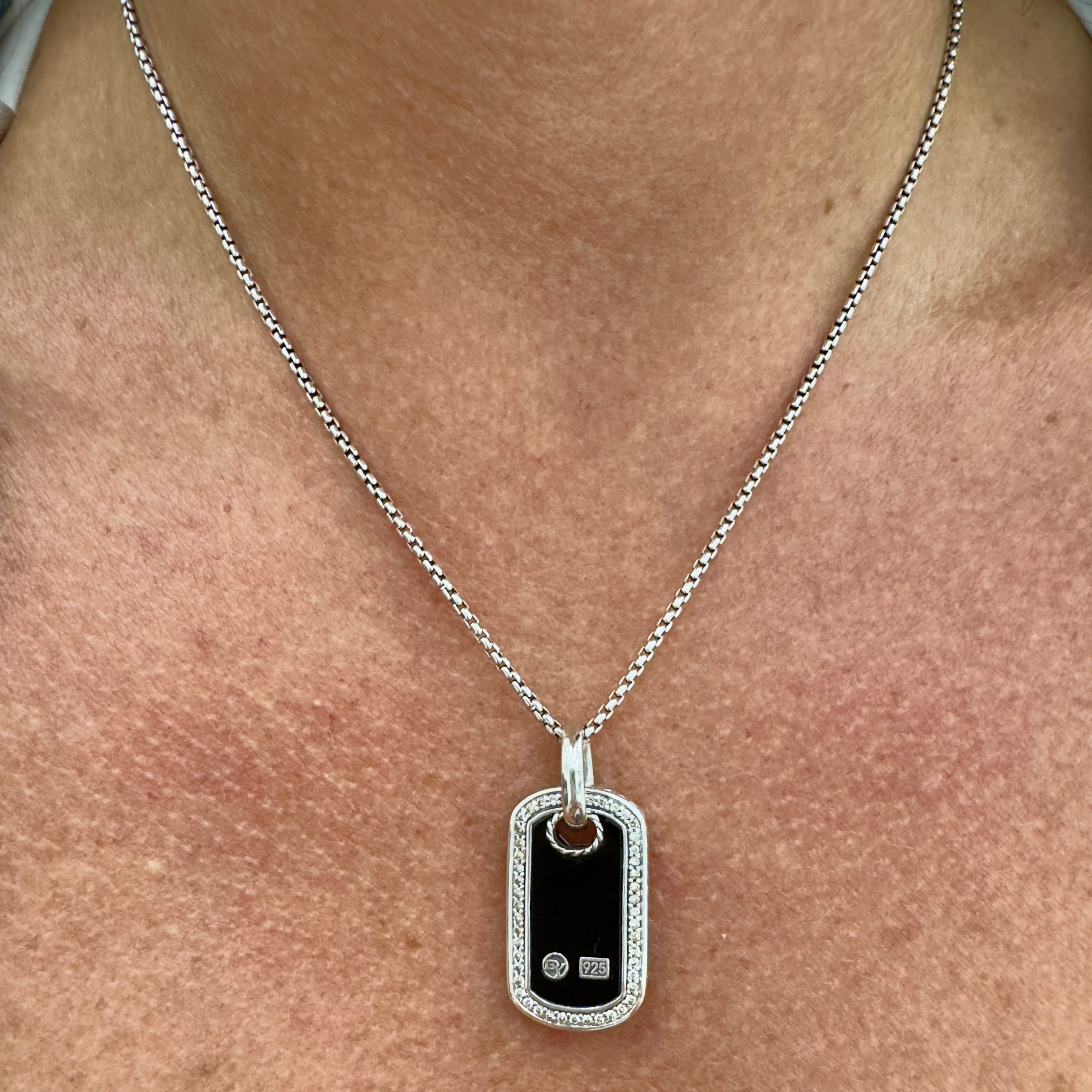 David Yurman 925 Sterling Silver Black Onyx Diamond Dog Tag Pendant Necklace