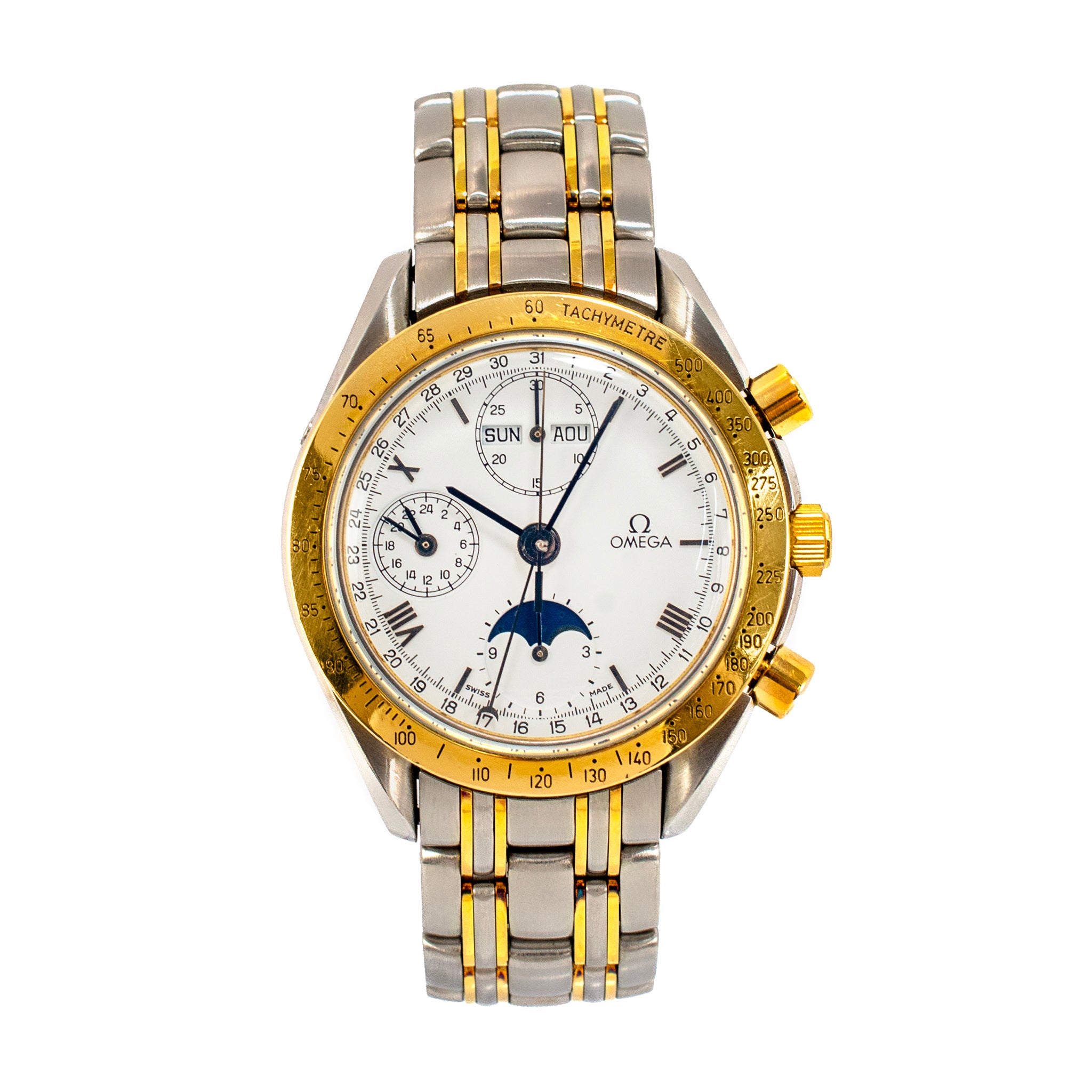Vintage Omega Speedmaster Moonphase 39MM 175.0034 White Roman Steel Gold Watch