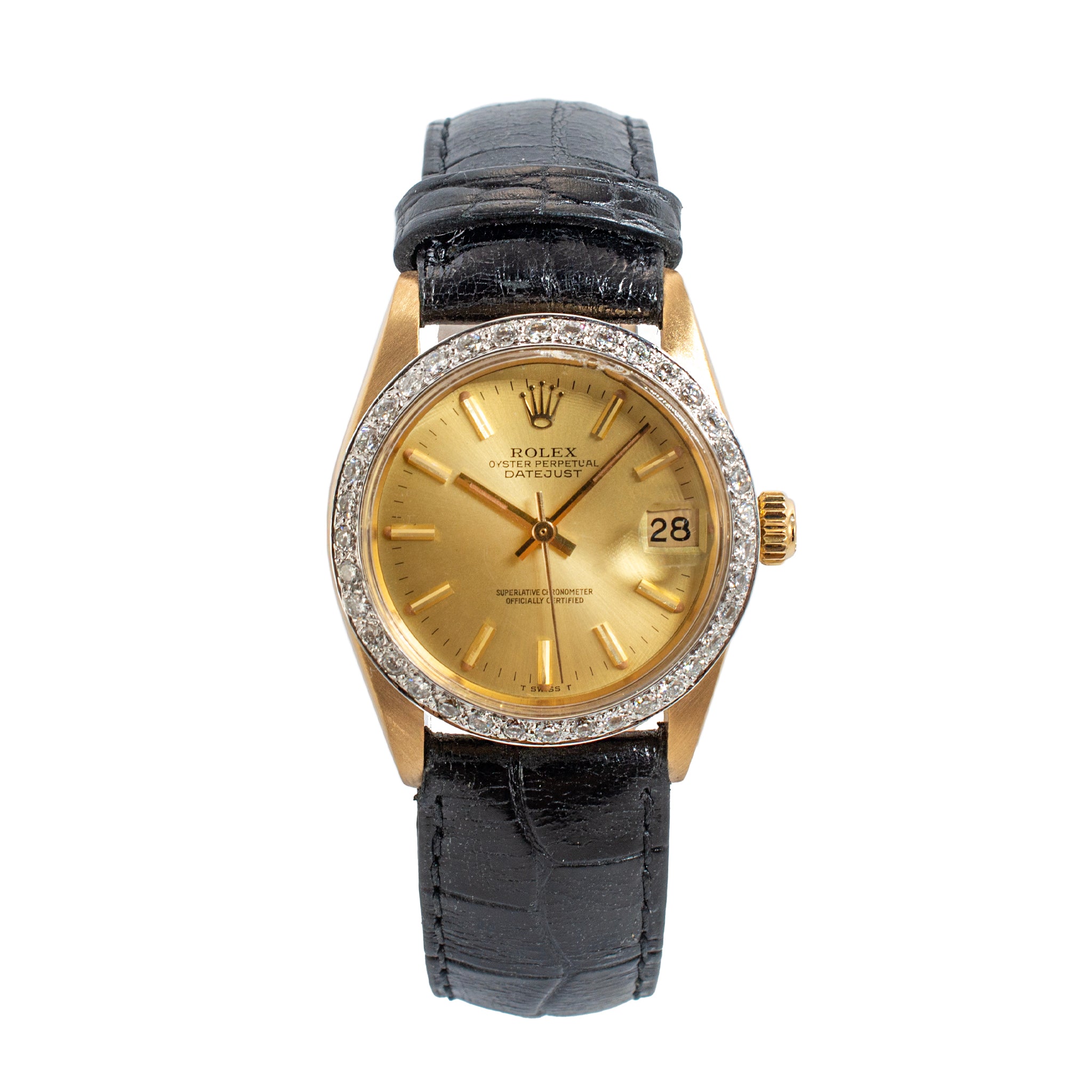 1981 Rolex Datejust 31MM 6827 Mid Size 18K Yellow Gold Diamond Bezel Watch