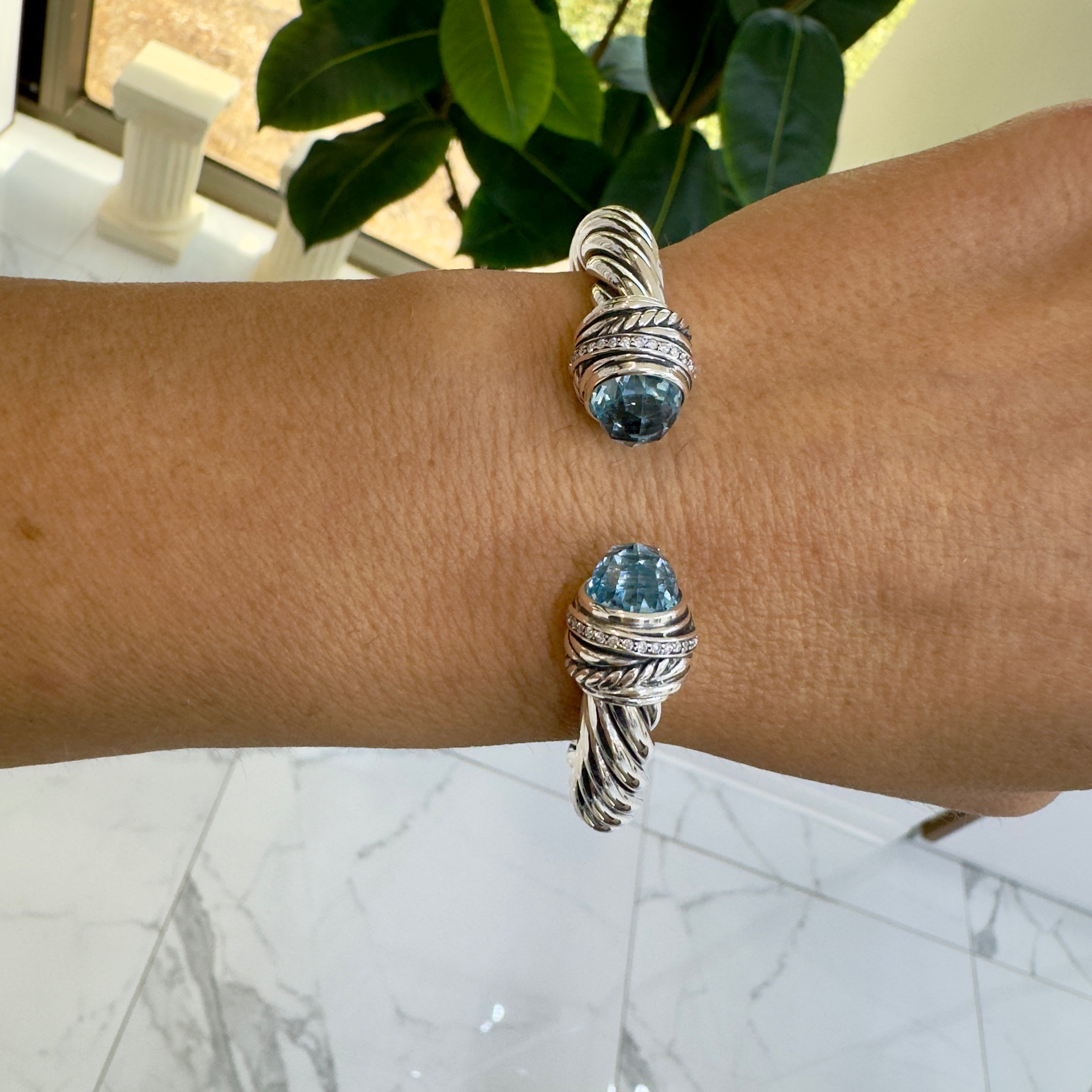 David Yurman 925 Sterling Silver Topaz & Diamond Classic Cable Bracele