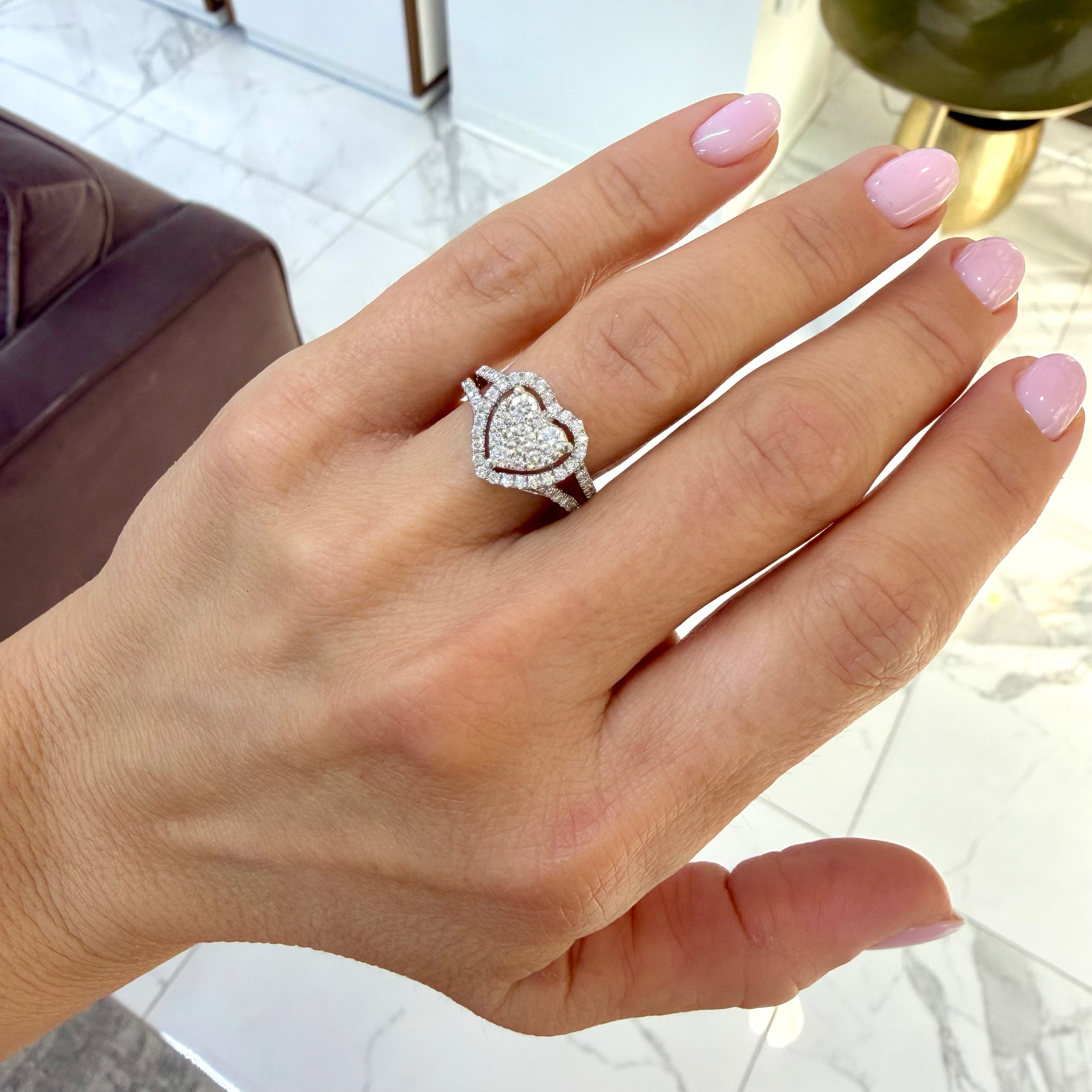 14K White Gold 1.00ct Lab Grown Diamond Heart Shape Cluster Engagement Ring