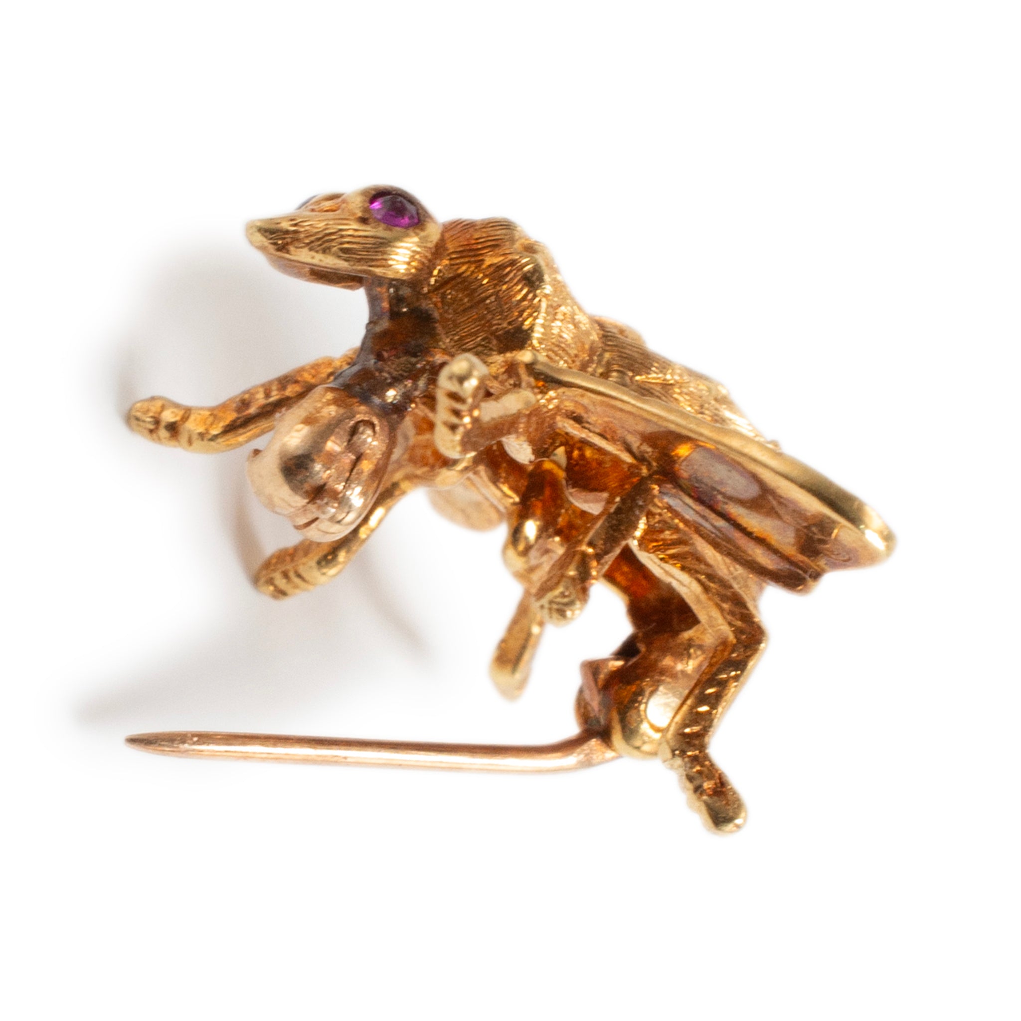 Vintage Herbert Rosenthal 18K Yellow Gold Ruby Eyes Bumble Bee Pin