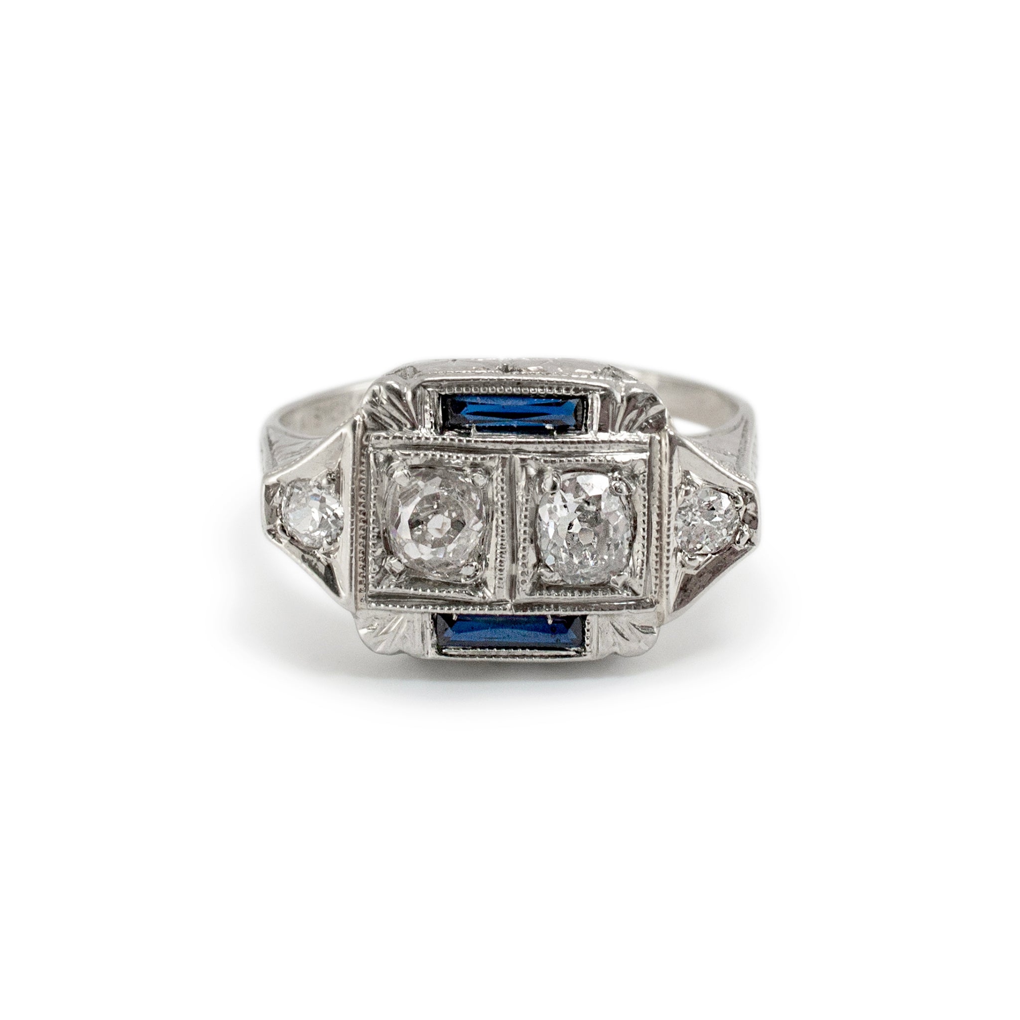 Antique Art Deco 18K White Gold Old Miner Twin Diamond Sapphire Cocktail Ring