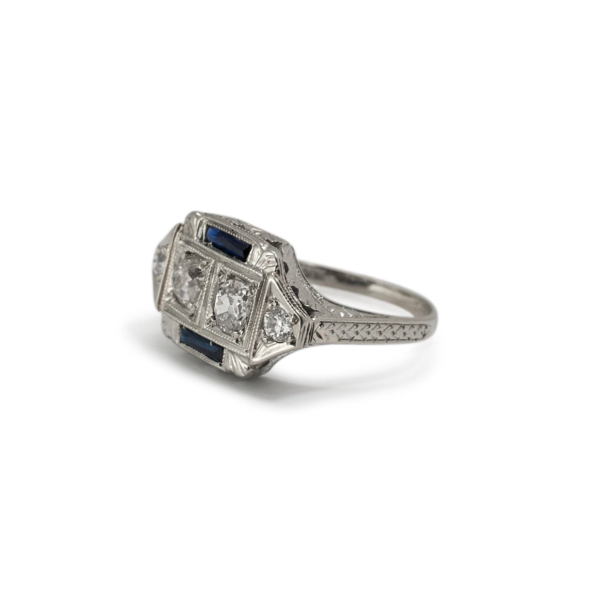 Antique Art Deco 18K White Gold Old Miner Twin Diamond Sapphire Cocktail Ring