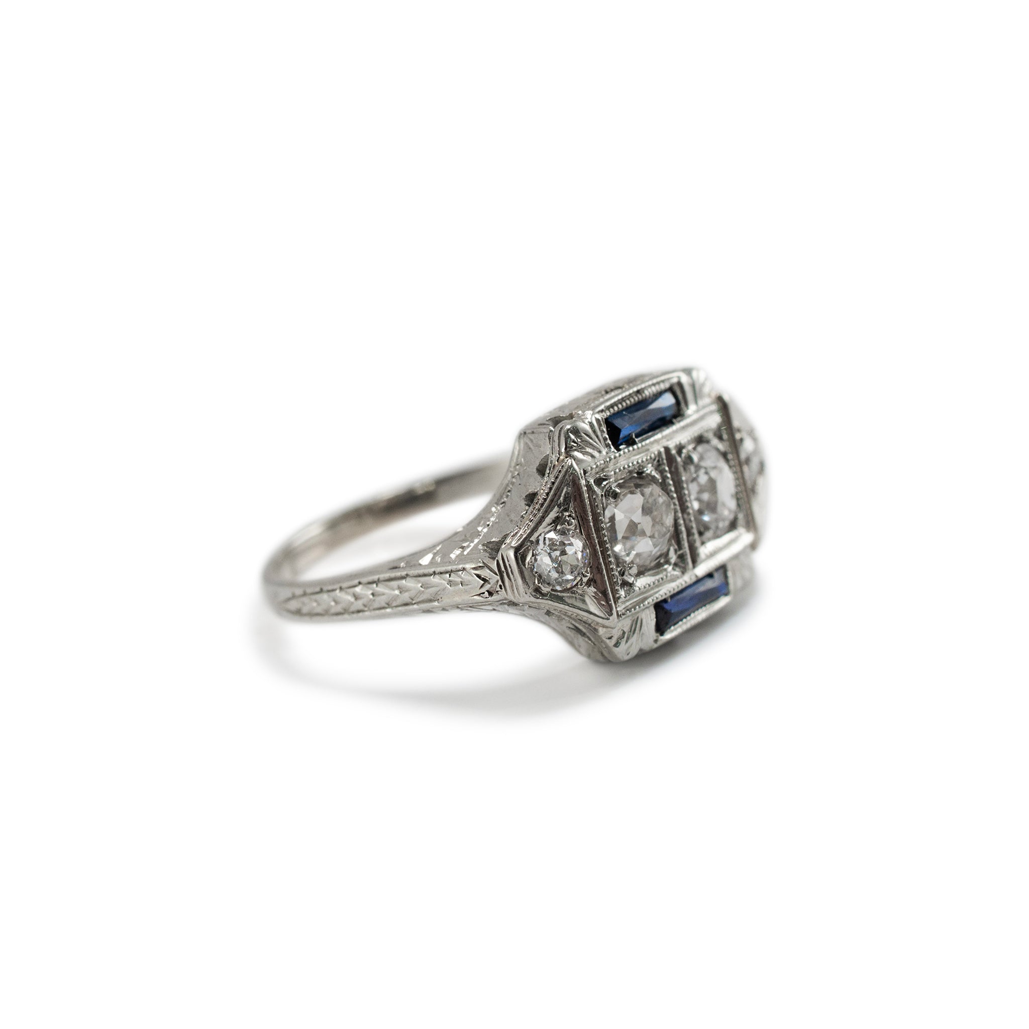 Antique Art Deco 18K White Gold Old Miner Twin Diamond Sapphire Cocktail Ring