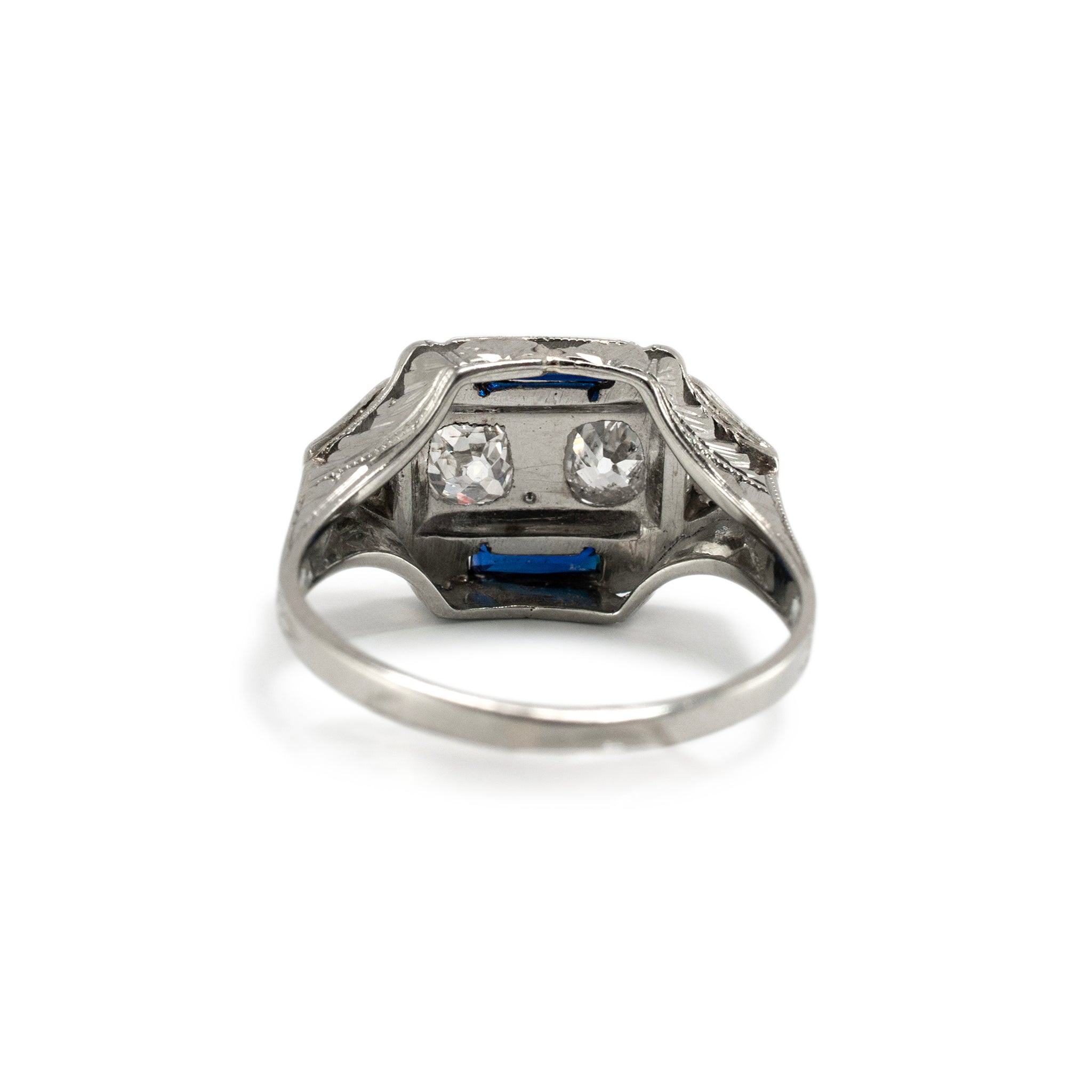 Antique Art Deco 18K White Gold Old Miner Twin Diamond Sapphire Cocktail Ring