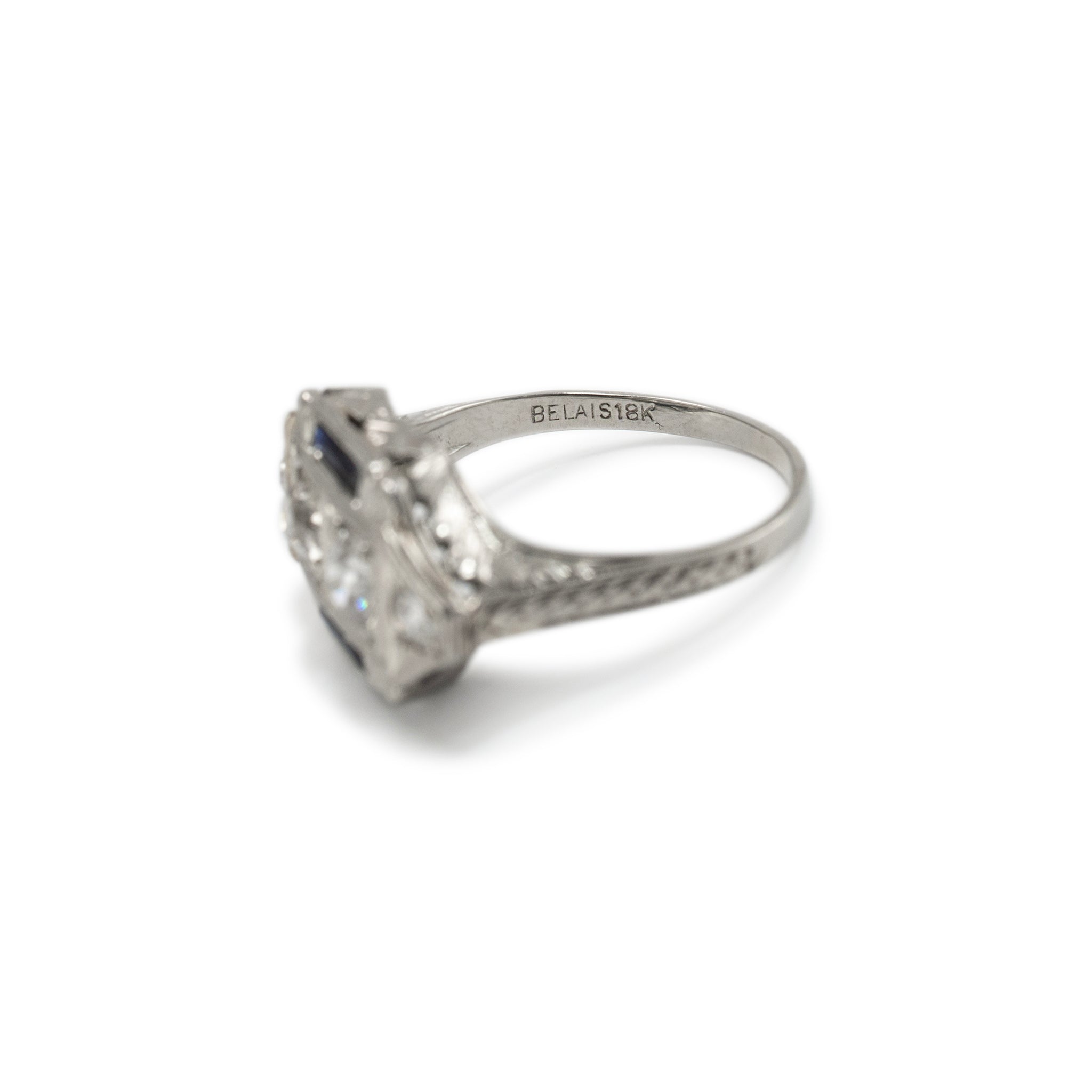 Antique Art Deco 18K White Gold Old Miner Twin Diamond Sapphire Cocktail Ring