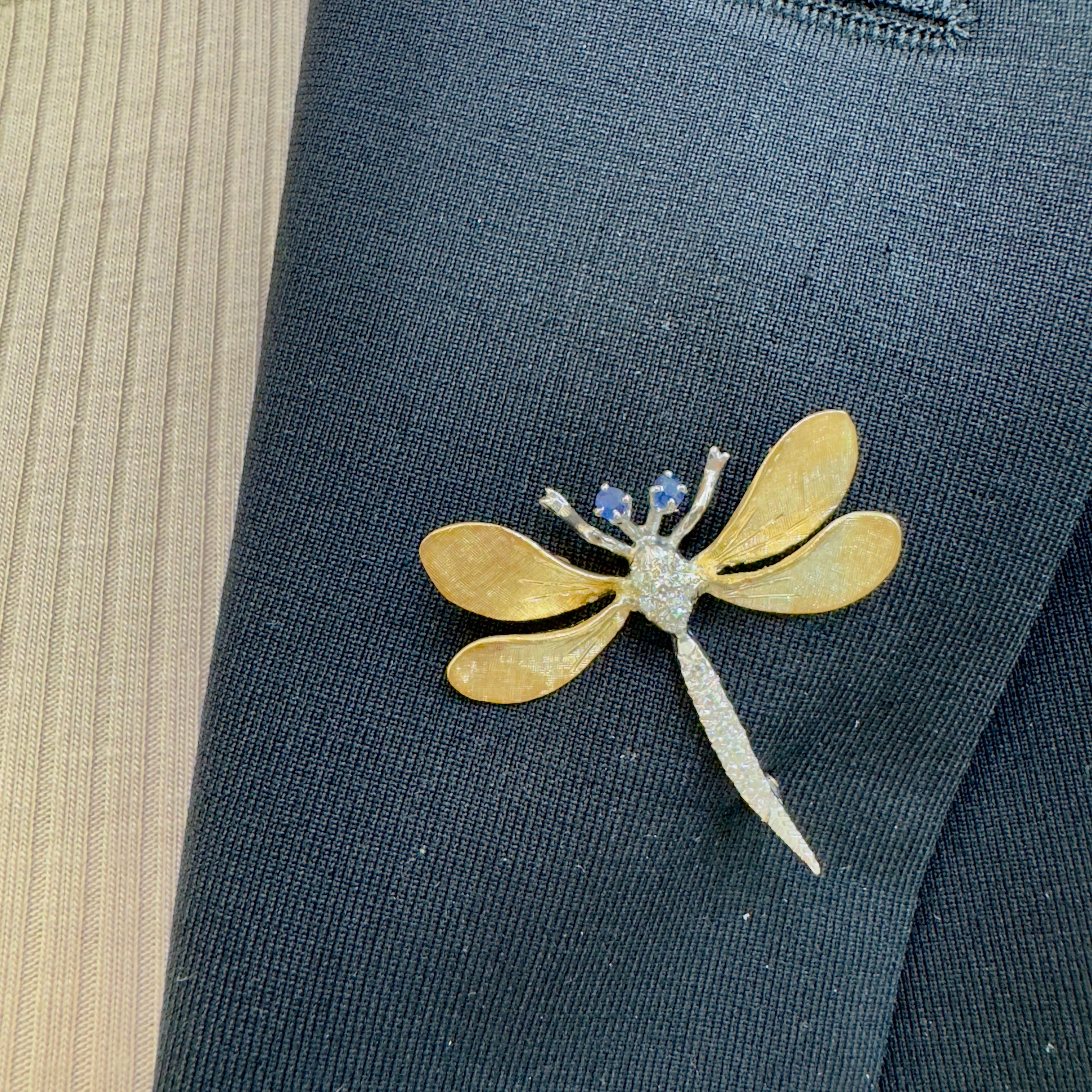 Vintage 14K Yellow and White Gold Sapphire and Diamond Dragonfly Brooch