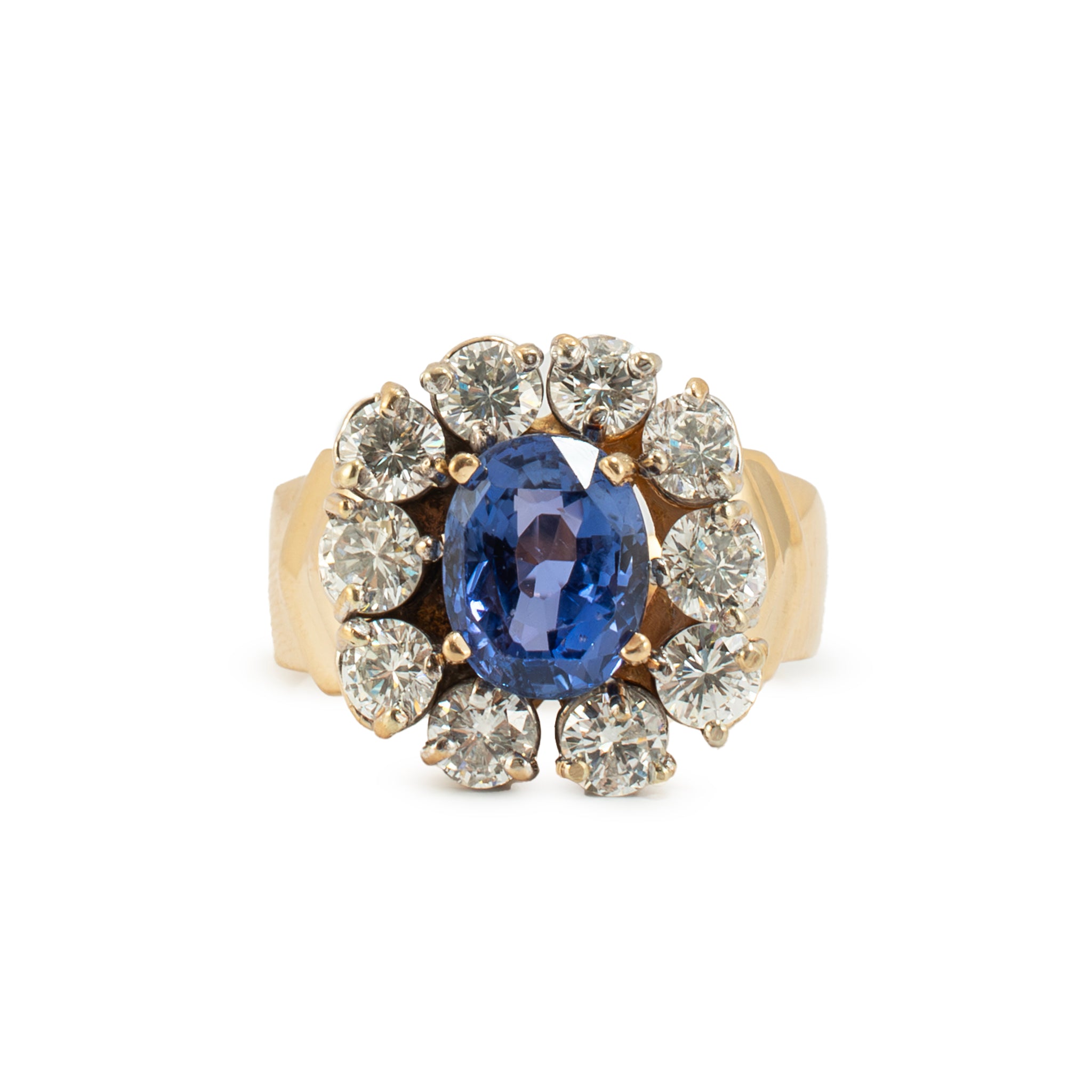 Vintage 14K Yellow Gold 2.88ct Gia Ceylon Sapphire Halo Diamond Cocktail Ring