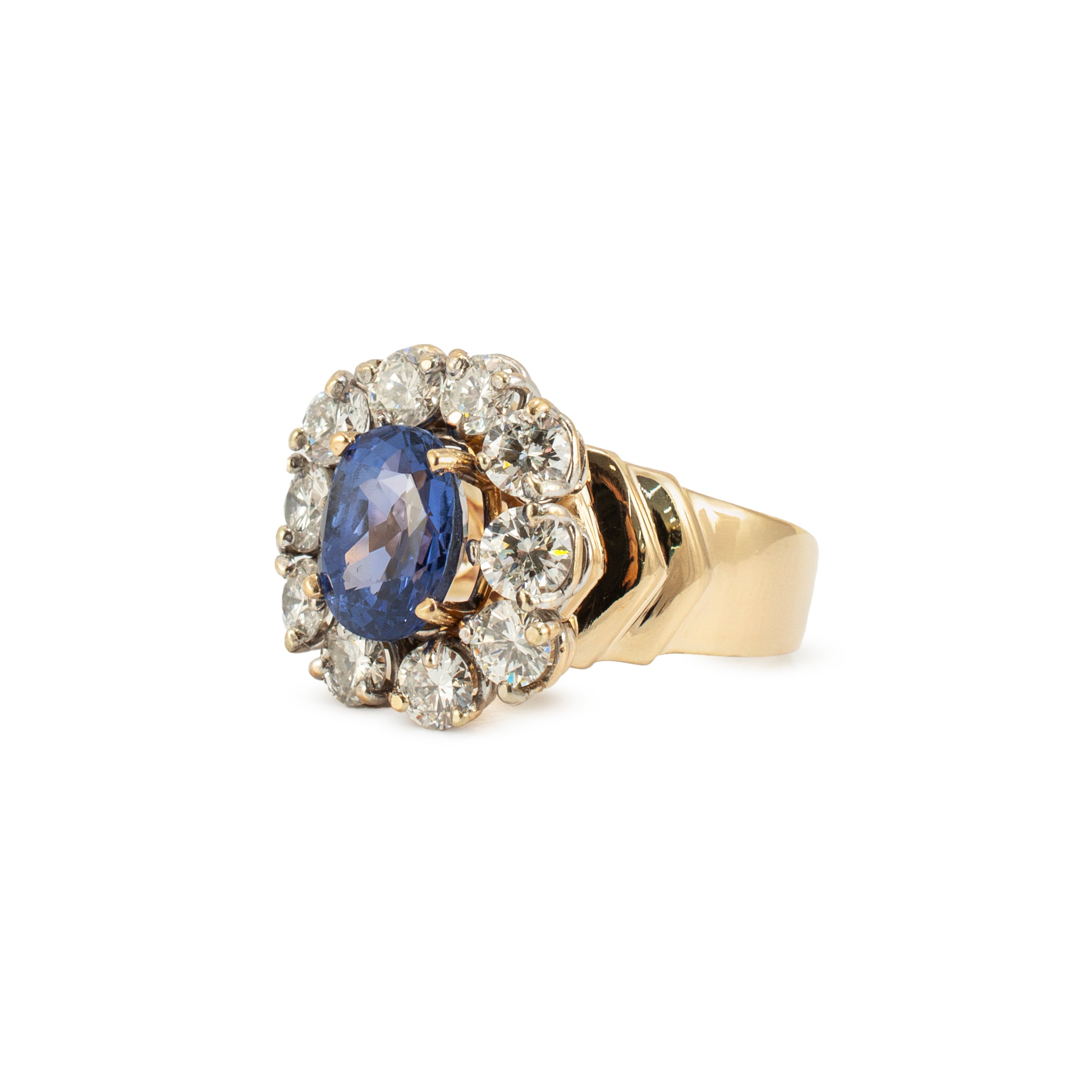 Vintage 14K Yellow Gold 2.88ct Gia Ceylon Sapphire Halo Diamond Cocktail Ring