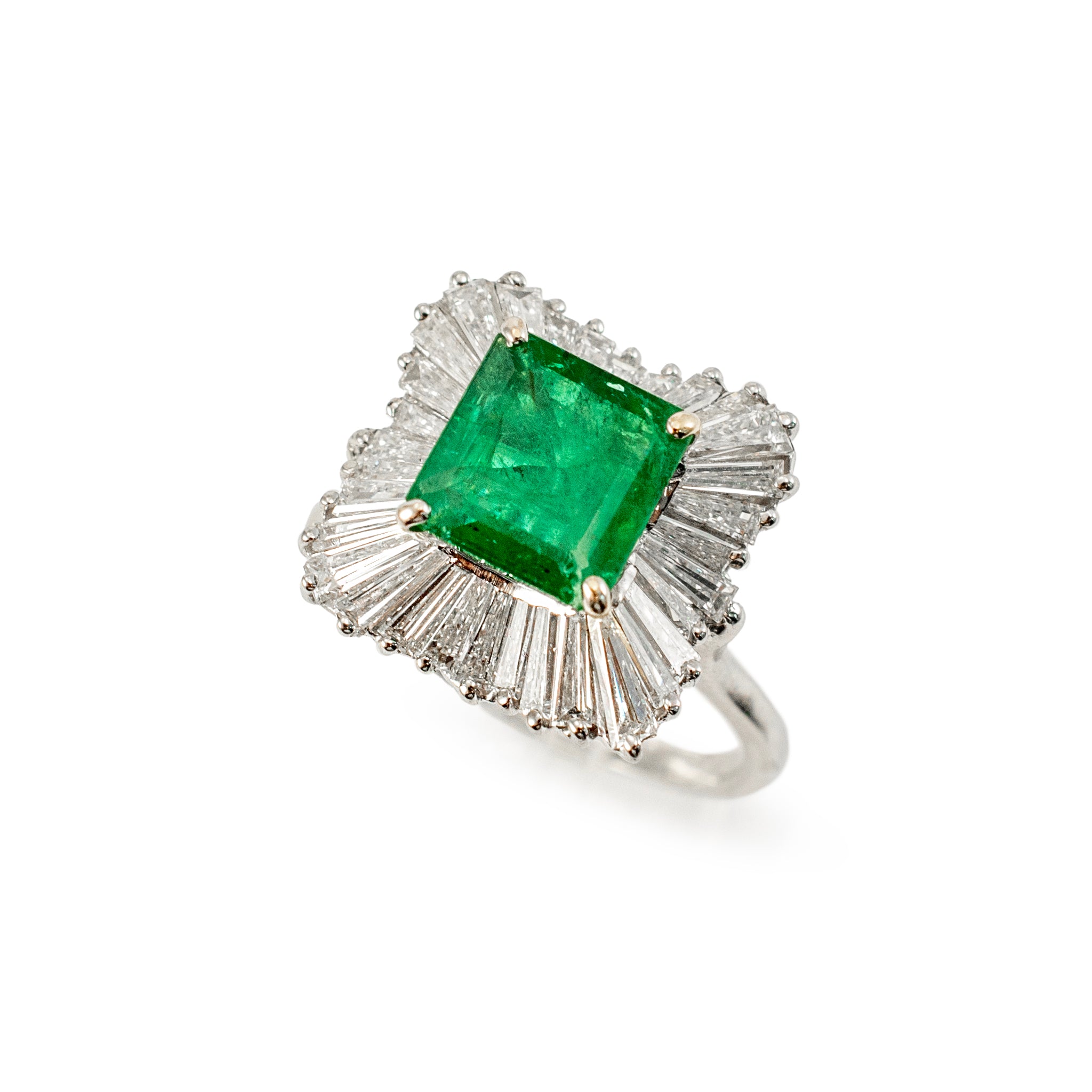 14K White Gold GIA 3.79 Ctw Emerald Baguette Diamond Ballerina Cocktail Ring