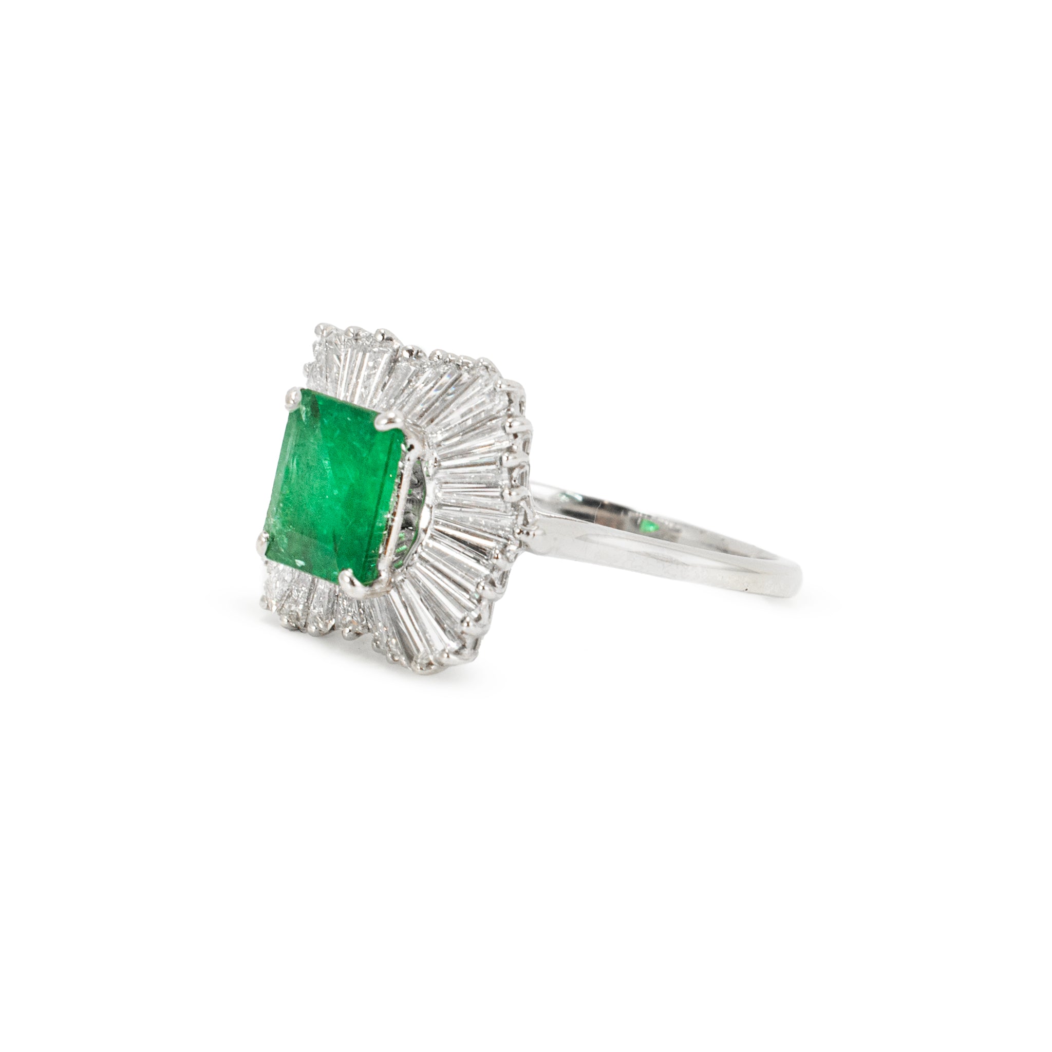 14K White Gold GIA 3.79 Ctw Emerald Baguette Diamond Ballerina Cocktail Ring